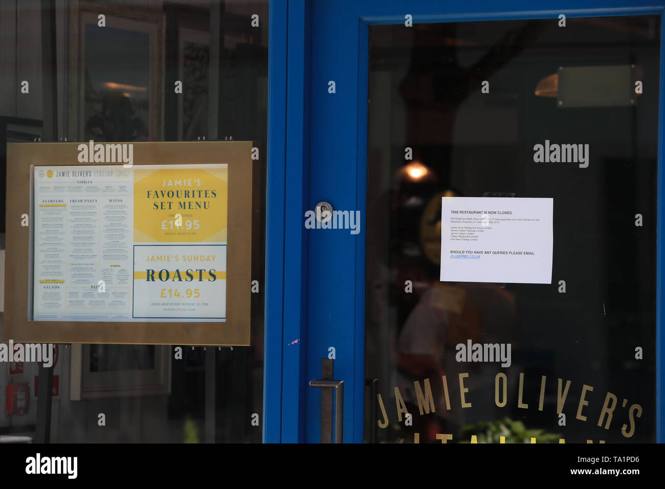 A sign in the window of a Jamie's Italian in Paradise Street, Liverpool, as the restaurant chain founded and majority-owned by celebrity chef Jamie Oliver, has appointed administrators, putting as many as 1,300 jobs at risk. Stock Photo