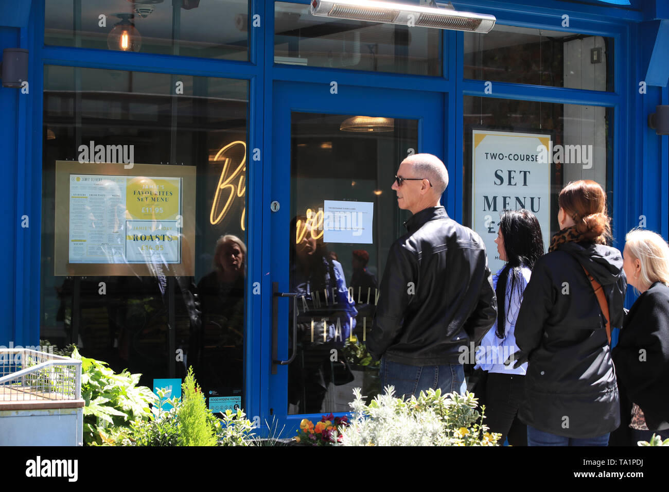 A sign in the window of a Jamie's Italian in Paradise Street, Liverpool, as the restaurant chain founded and majority-owned by celebrity chef Jamie Oliver, has appointed administrators, putting as many as 1,300 jobs at risk. Stock Photo