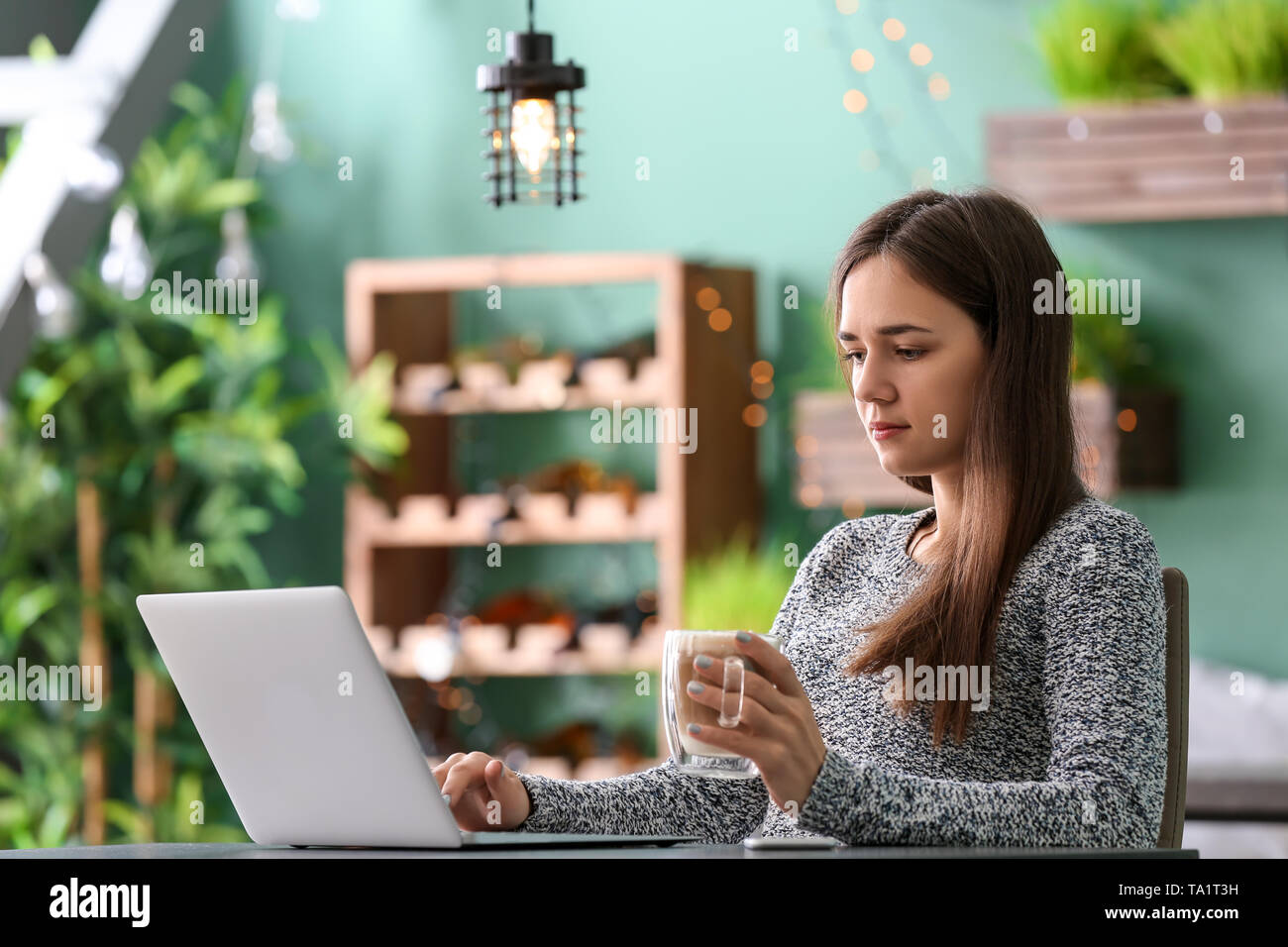 Young woman with laptop using wifi in cafe Stock Photo - Alamy