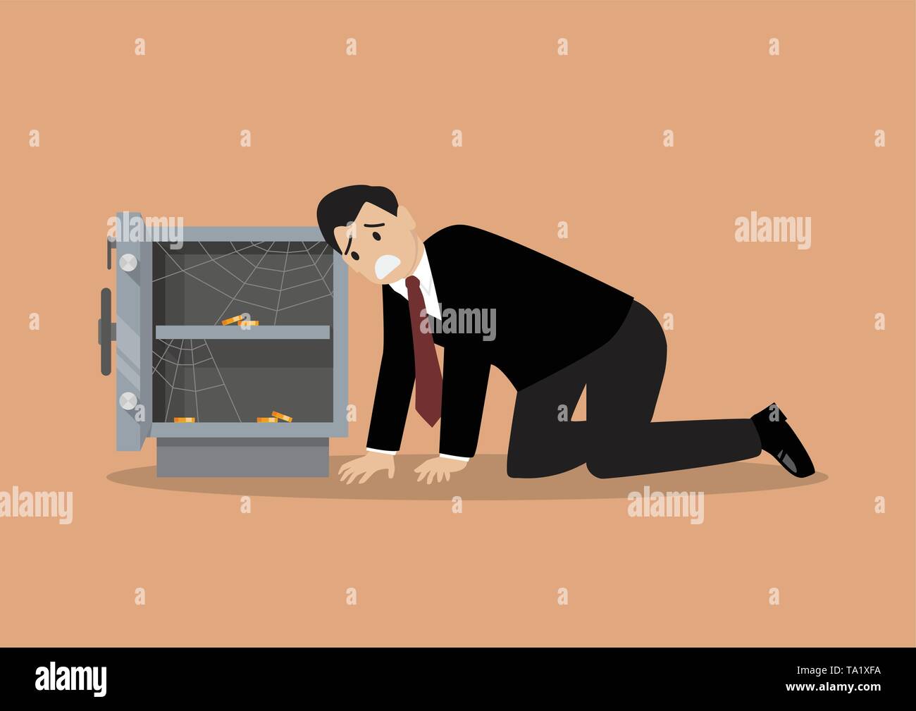 Sad businessman character near open door safe empty box. Vector