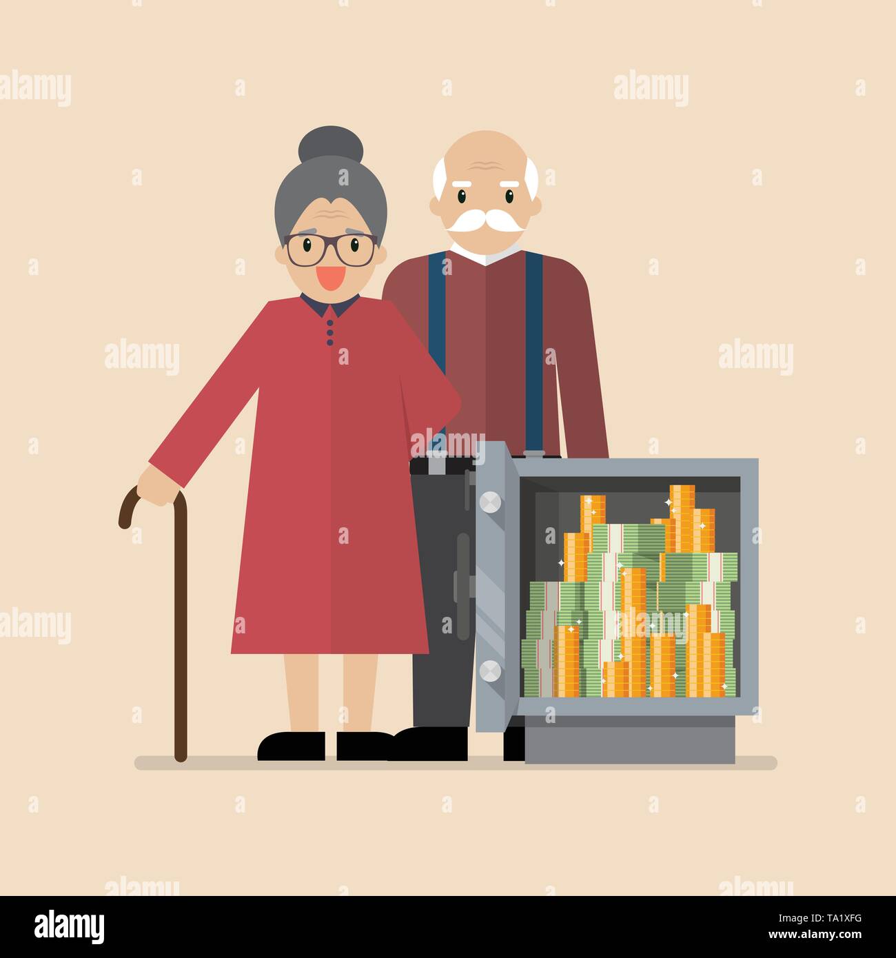 Senior man and woman with safe full of money. Vector illustration Stock Vector