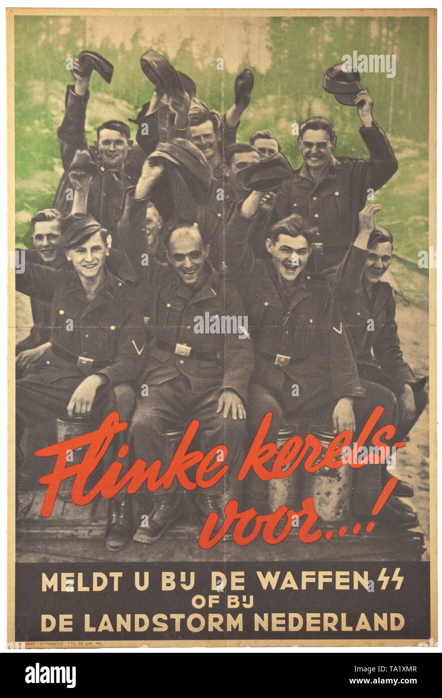 A Dutch poster advertising the Waffen-SS June 1944 historic, historical, 20th century, 1930s, 1940s, Waffen-SS, armed division of the SS, armed service, armed services, NS, National Socialism, Nazism, Third Reich, German Reich, Germany, military, militaria, utensil, piece of equipment, utensils, object, objects, stills, clipping, clippings, cut out, cut-out, cut-outs, fascism, fascistic, National Socialist, Nazi, Nazi period, Editorial-Use-Only Stock Photo