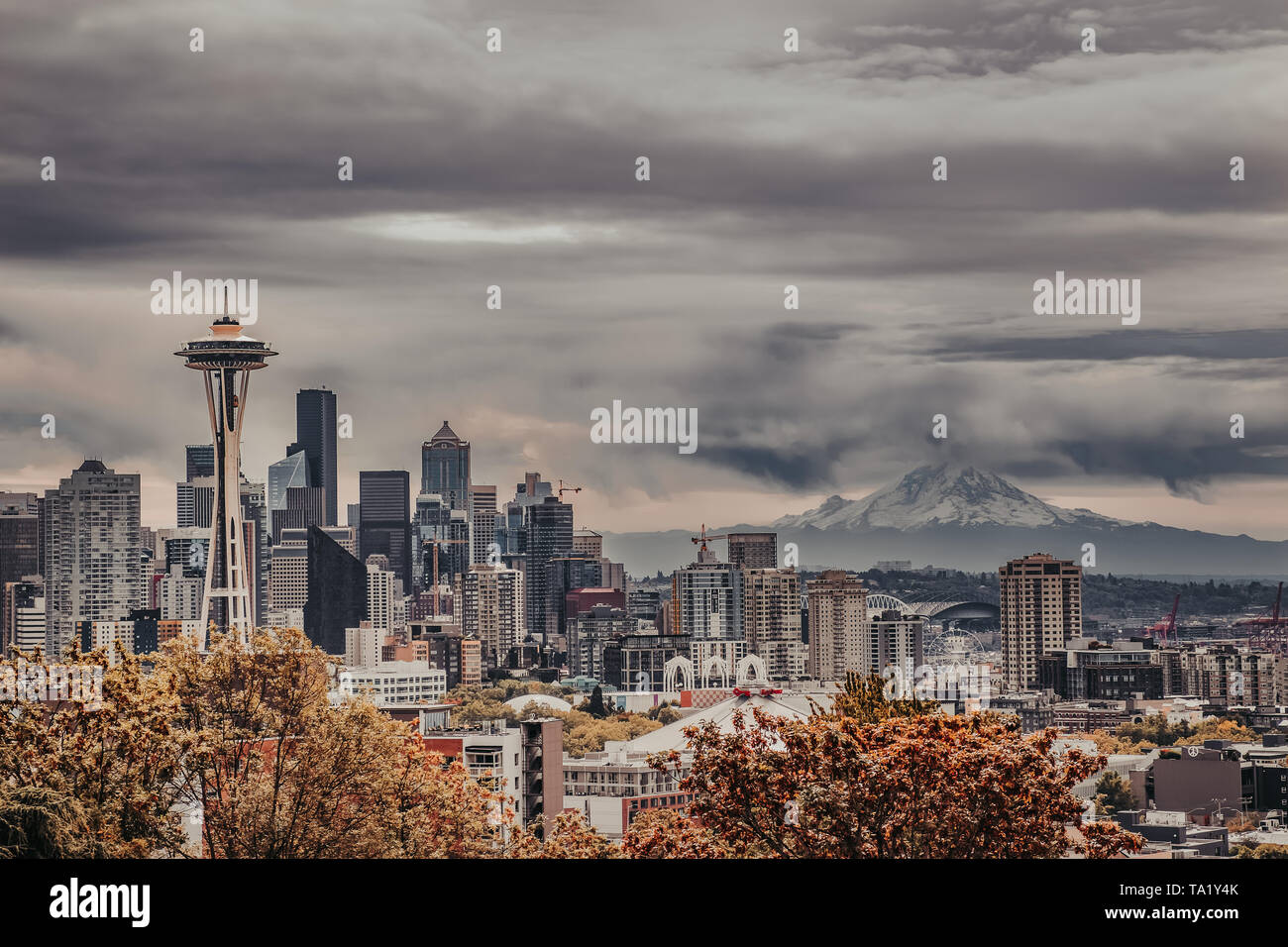 Seattle skyline with the Space Needle and Mount Rainier in the background from Kerry Park in Seattle, Washington, USA during the fall Stock Photo