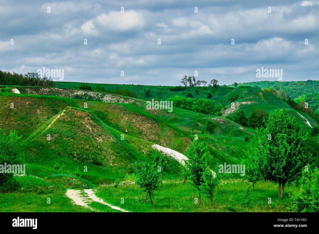 green fields and forests against a blue sky with clouds Stock Photo - Alamy