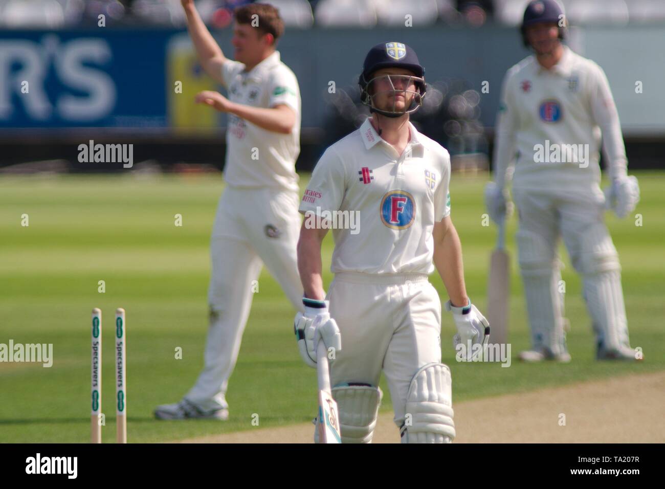 Chester le Street, England, 21 May 2019. Cameron Bancroft captain of Durham CCC leaving the field after being run out for 40 in the second innings against Gloucestershire CCC. The match was in the Specsavers County Championship Division 2 at the Emirates Riverside, Chester le Street. Stock Photo