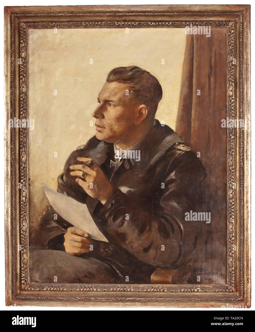 Fighter pilot and Oak Leaves winner Colonel Gustav Rödel - an oil painting 1944 Large-format portrait, Rödel as colonel and Oak Leaves winner seated and clad in the flying gear of a fighter pilot, holding a cigar and an order of the day in his hands. Artist's signature 'Dahler 44.' on the lower right. In a decorated wooden frame 89 x 72 cm. Gustav Rödel, born 1915, served in the Luftwaffe from 1935 onwards, took part in the Spanish Civil War as a member of the Condor Legion and was awarded the Iron Cross on 22 June 1941 after 20 aerial victories in the West, on the Balkan P, Editorial-Use-Only Stock Photo