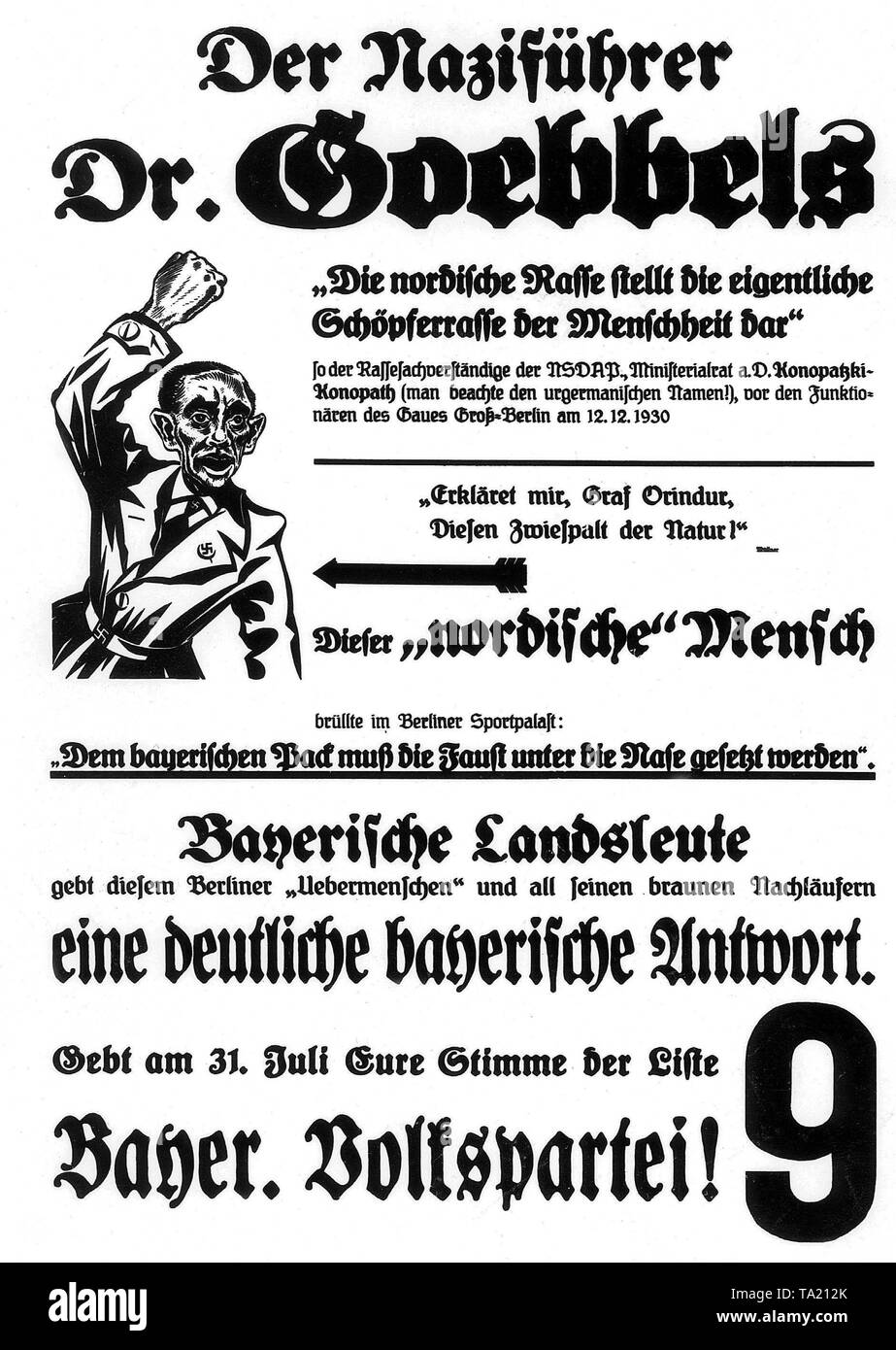 Poster of the BVP trying to discredit the Reich Minister of Propaganda Joseph Goebbels. Stock Photo
