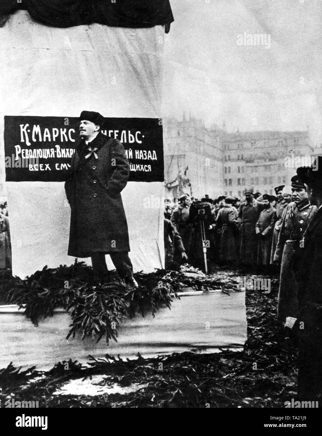 Vladimir Ilyich Lenin delivers a speech at the unveiling of the Marx-Engels monument in Moscow. Stock Photo