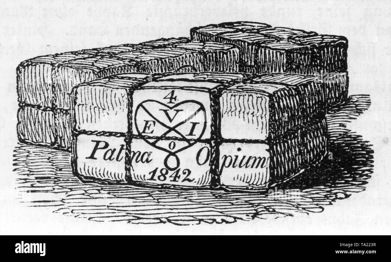 Opium balls in boxes in waterproof packaging and marked with the symbol of the British East India Company. The drawing was made in 1844 after China's defeat in the Opium War (1840-1842) against England. Stock Photo