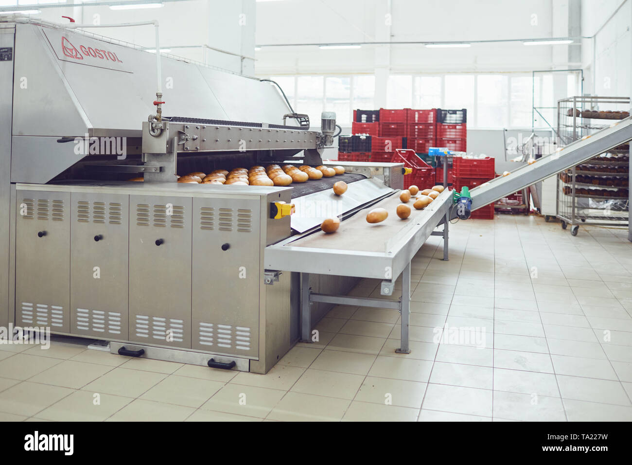 Automatic bakery production line with bread on conveyor belt equipment