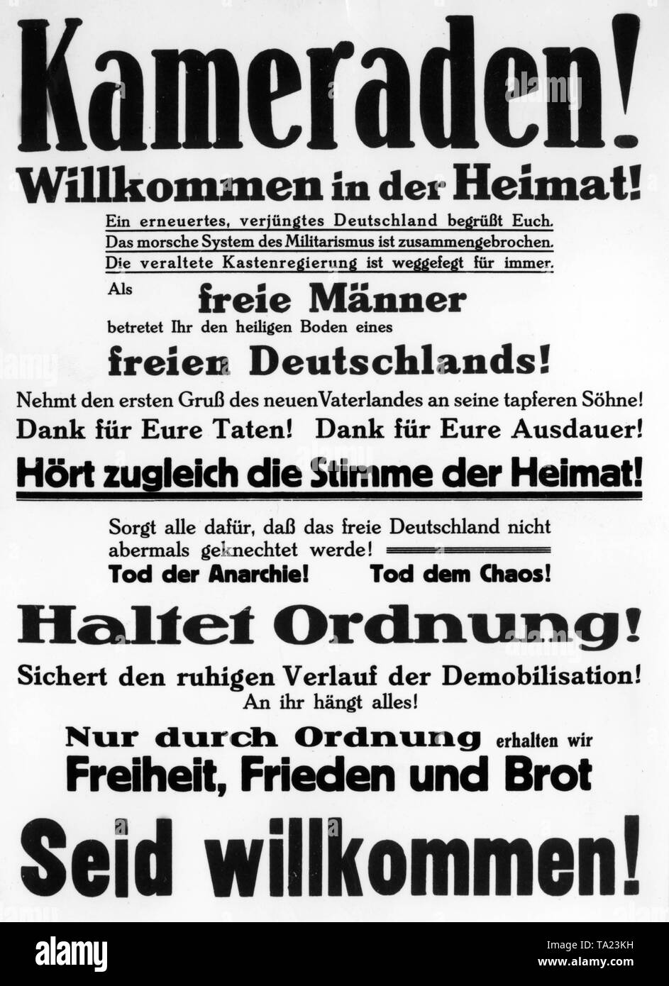 A leaflet, written and issued by the Soldiers' Council, welcomes the returning soldiers and asks for an orderly demobilization. Stock Photo