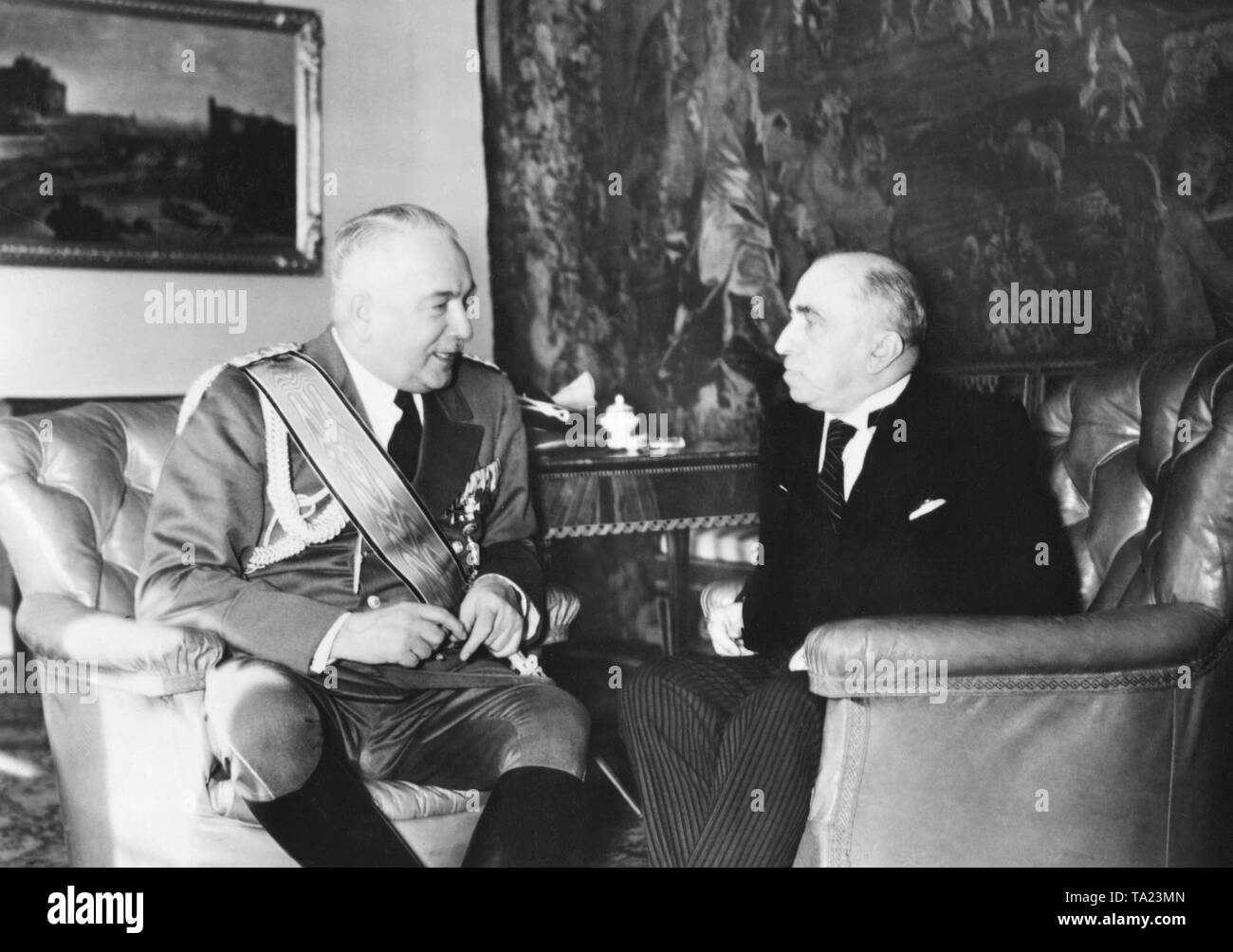 Meeting of Reich Protector of Bohemia and Moravia Konstantin von Neurath and Czech President Emil Hacha. Despite the establishment of the Protectorate of Bohemia and Moravia, Hacha formally remains head of state of Bohemia and Moravia. Stock Photo