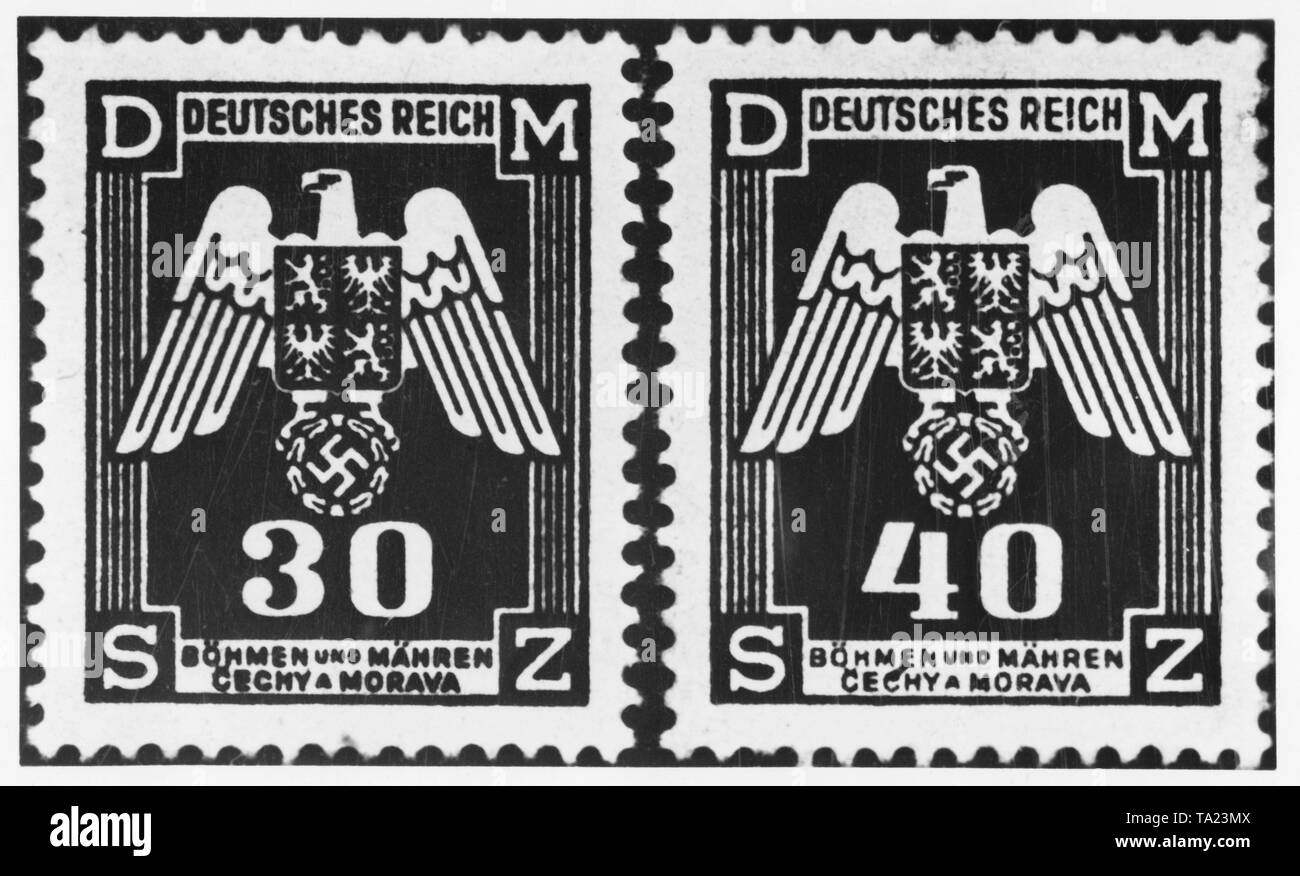 After the establishment of the Protectorate of Bohemia and Moravia, new stamps are introduced. The stamps illustrate the Reichsadler (imperial eagle) with the coat of arms of the Protectorate. Stock Photo