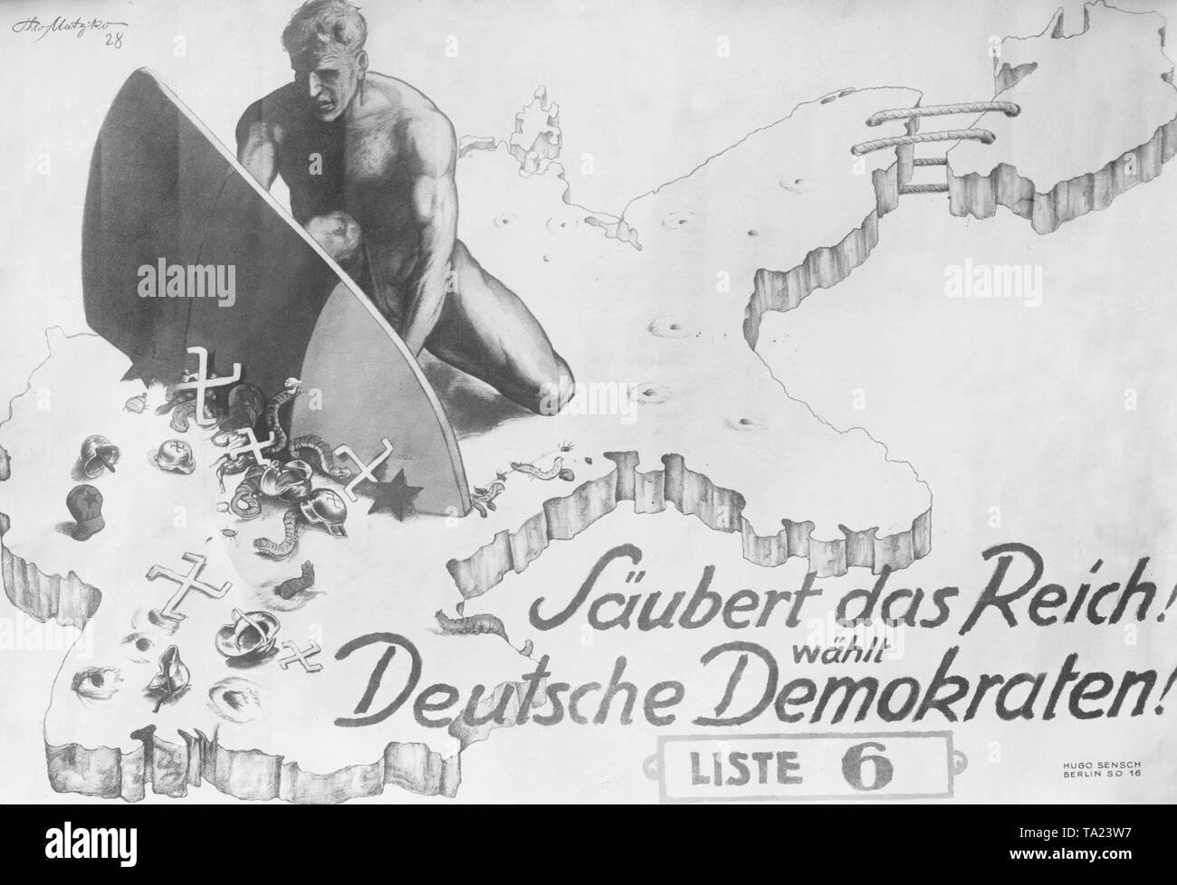 Election poster of the German Democratic Party (DDP) for the Reichstag election in Berlin, 1928. The appeal says: 'Clear the Reich! Vote for the German Democrats! List 6 '. In the poster, a muscular man is pulling out a series of swastikas, red stars and worms with steel helmets from ??the German Reich. Stock Photo