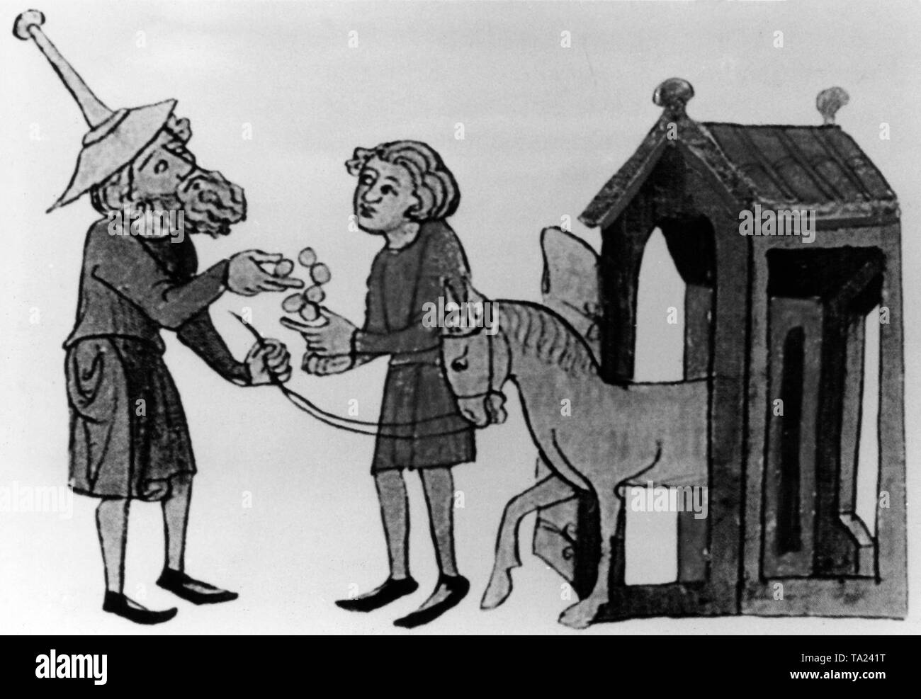 This illustration from the Sachsenspiegel, a recorded law collection of the then valid German law, shows a Jewish dealer who buys a horse from a farmer. The Jewish dealer is clearly marked as being Jew by his tapering Jewish hat. Stock Photo