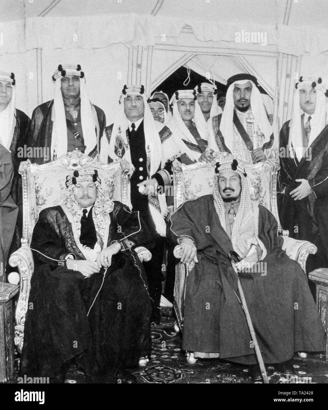 King Farouk of Egypt with King of Saudi Arabia Abdalaziz III (on the left), at a meeting in Riyadh Stock Photo