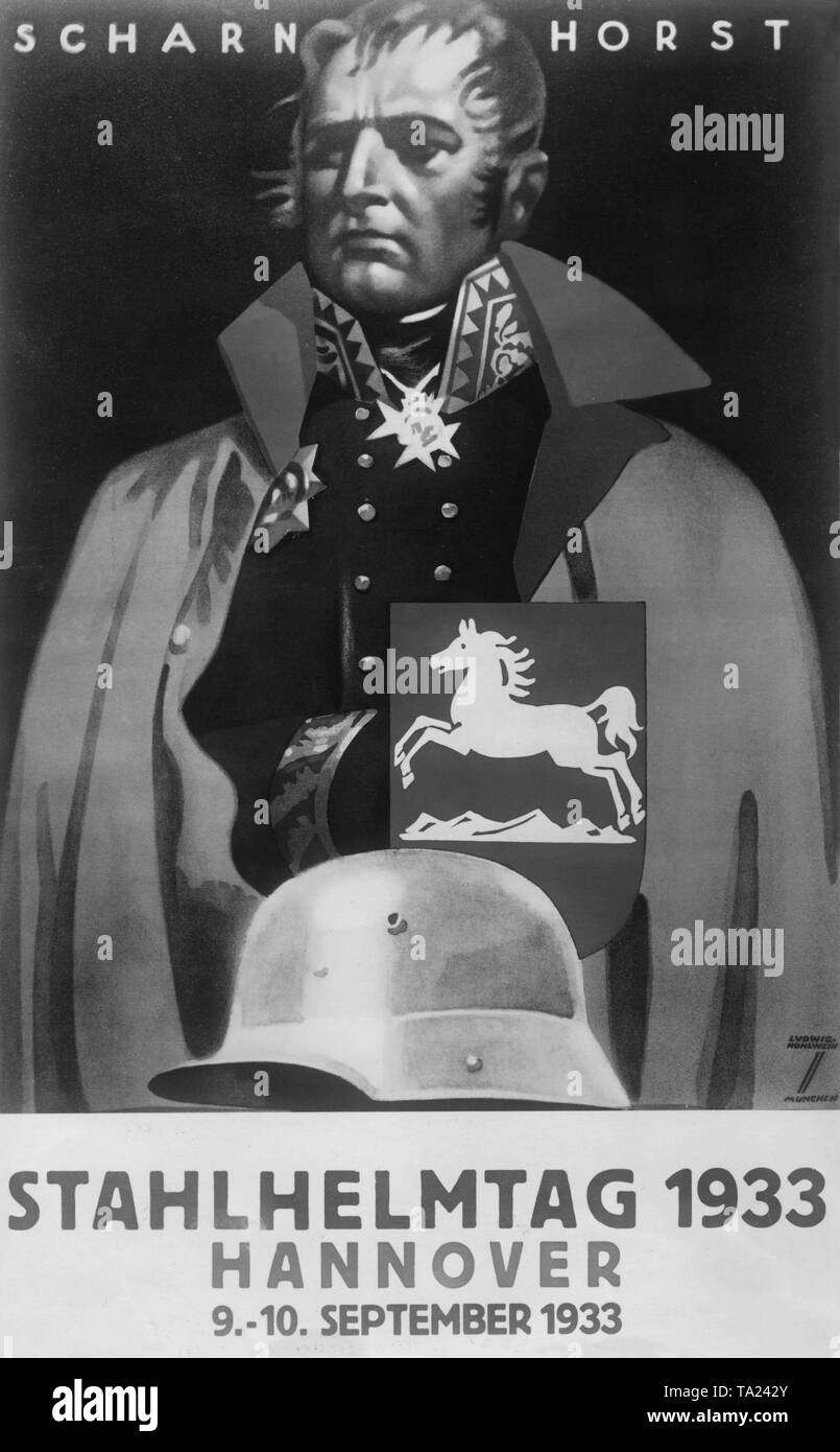 On the 9th and 10th of September, the Stahlhelm organized a celebration in Hanover, the birthplace of the depicted Prussian army reformer, Gerhard von Scharnhorst. In front of Scharnhorst, a steel helmet and the coat of arms of Lower Saxony. The poster was designed by Professor Ludwig Hohlwein from Munich. Stock Photo