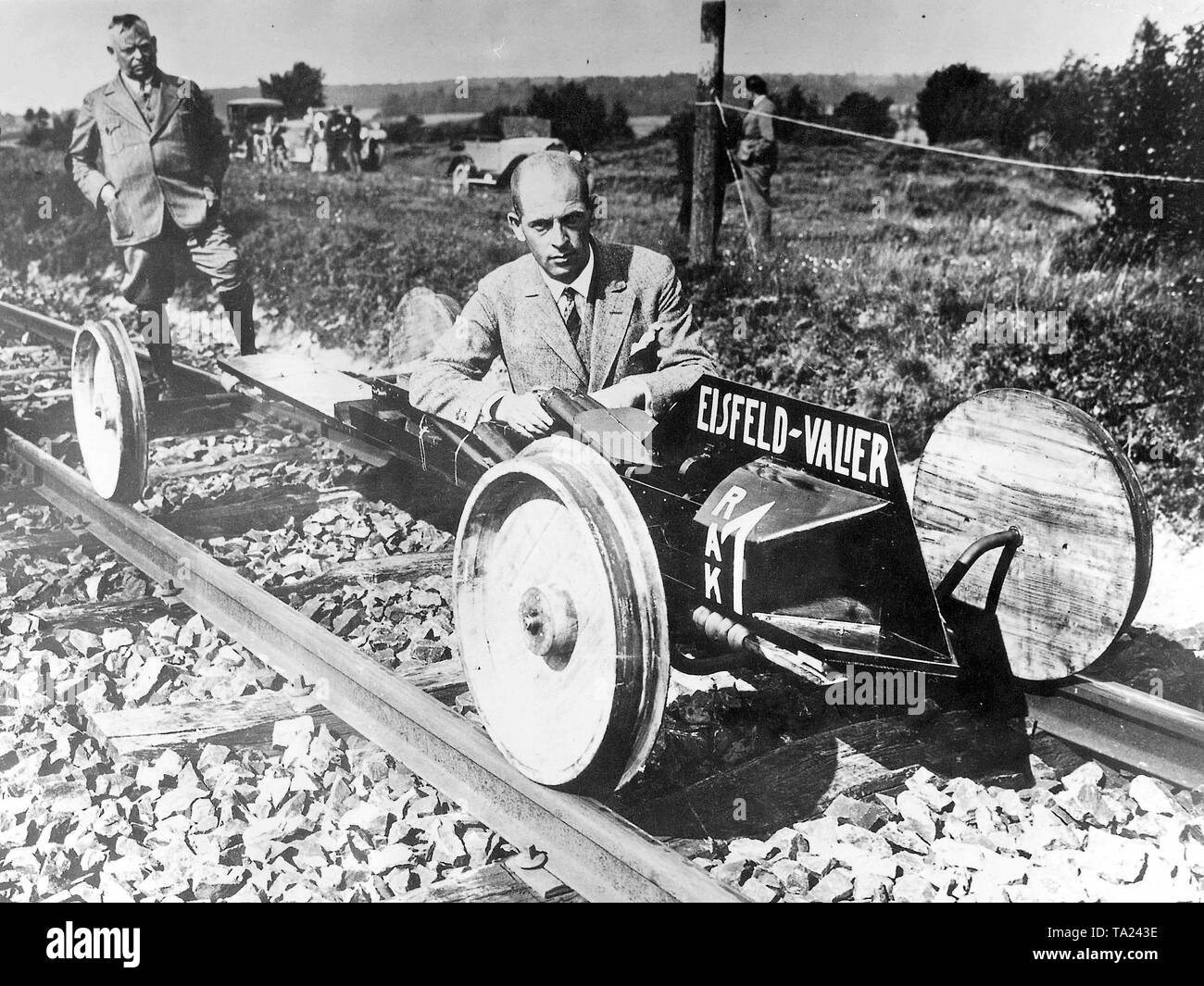 Maximilian Valier (1895-1930), German engineer of Austrian origin, in his rocket car RAK-1 in Harz. In the 20s he dealt with the theoretical and practical aspects of rocketry, among others he constructed a rocket driven car in 1928. Stock Photo