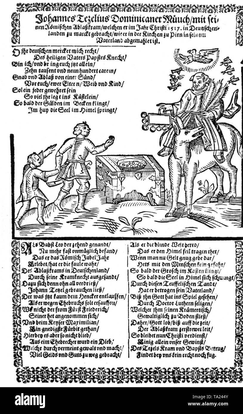 Woodcut from 1517: The leaflet shows the Dominican monk and indulgence merchant Johann Tetzel (1465-1519) and Martin Luther,  who wrote a disputation in the same year, the Ninety-Five Theses in which he protested against indulgences. Stock Photo