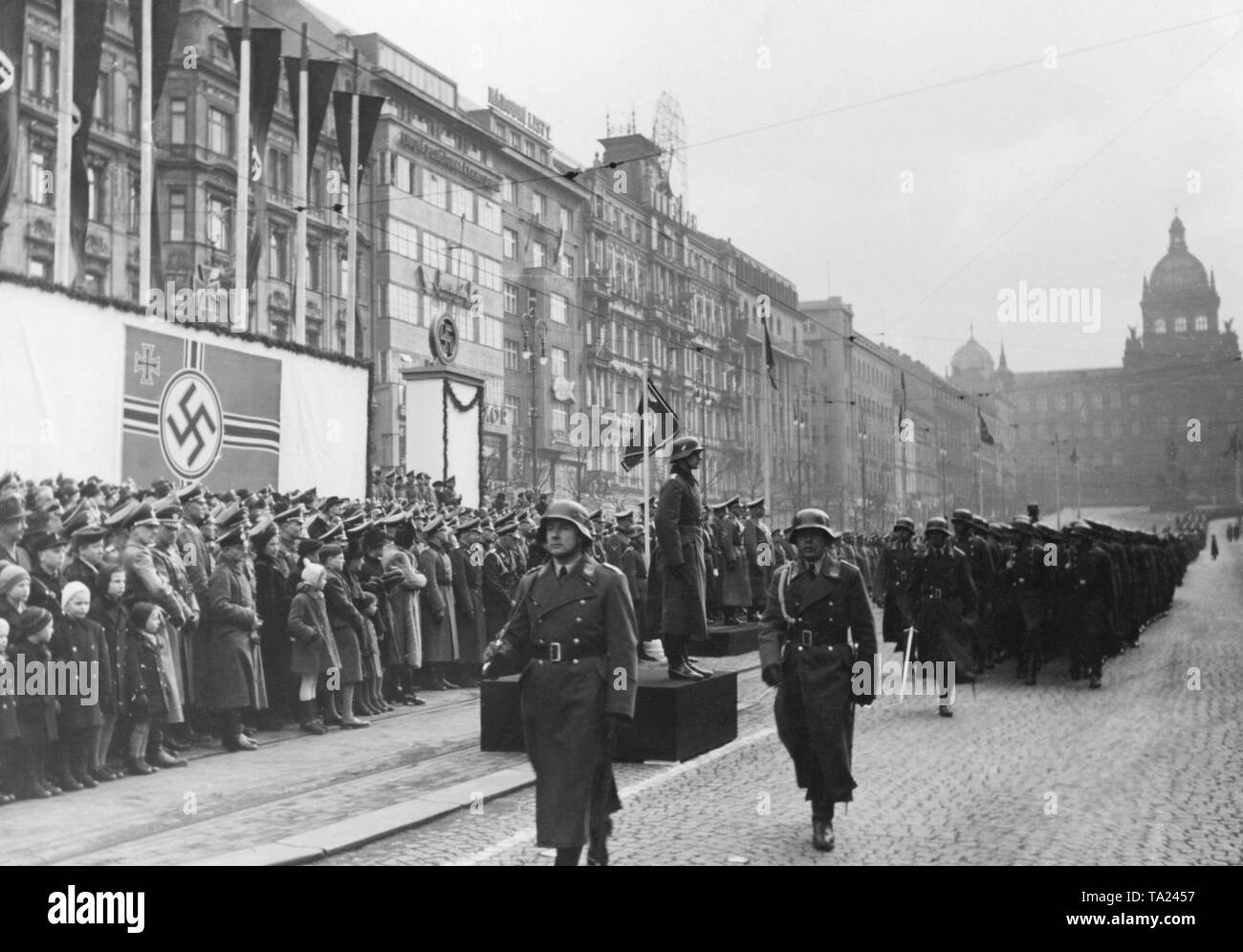 For the one-year anniversary of the Protectorate of Bohemia and Moravia, the Wehrmacht Day takes place at Wenceslas Square. A military parade takes place during the event. Stock Photo