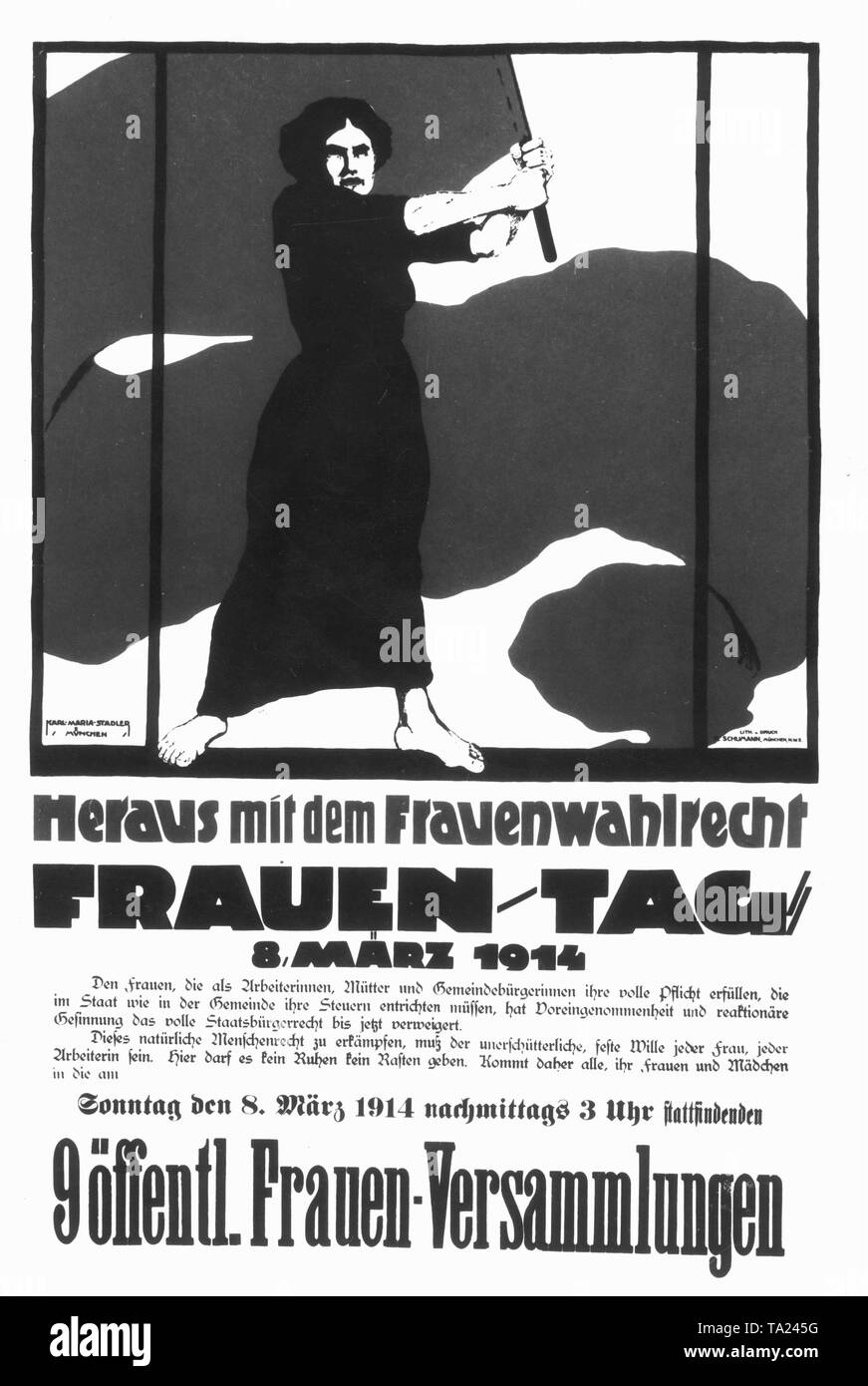 Poster for International Women's Day, which calls for women's suffrage, designed by Karl Maria Stadler. Apart from partisan liberal women's groups especially the Social Democrats are committed, as here in the 'Red Week' from 8 to 25th March 1914. The Berlin Police ban the poster on the grounds that the headline was offensive to the authorities Stock Photo