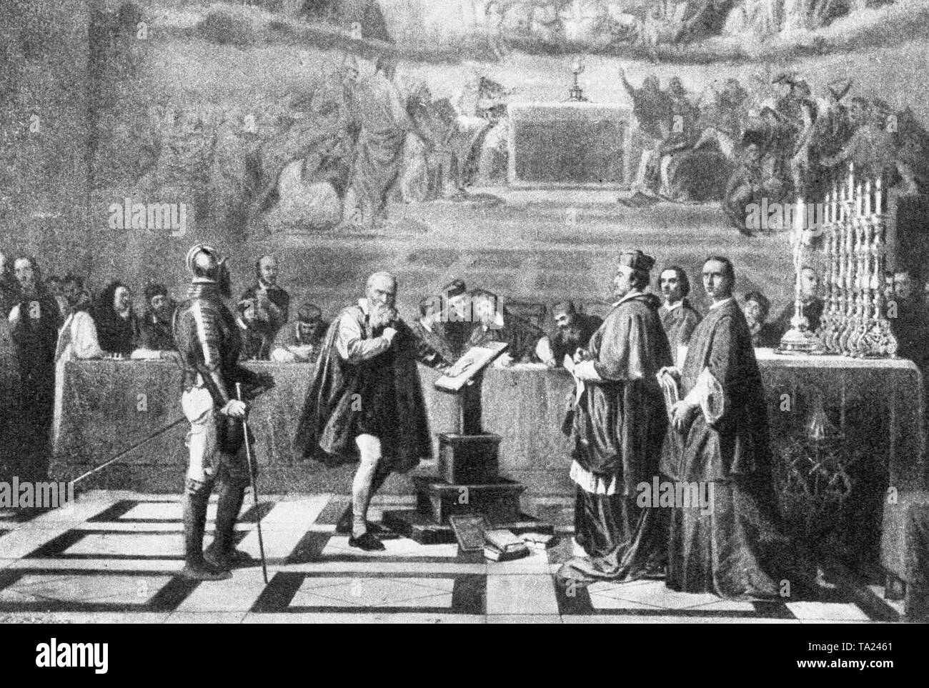 Galileo Galilei before the Holy Office, photo after a 19th-century painting by Joseph-Nicolas Robert-Fleury Stock Photo