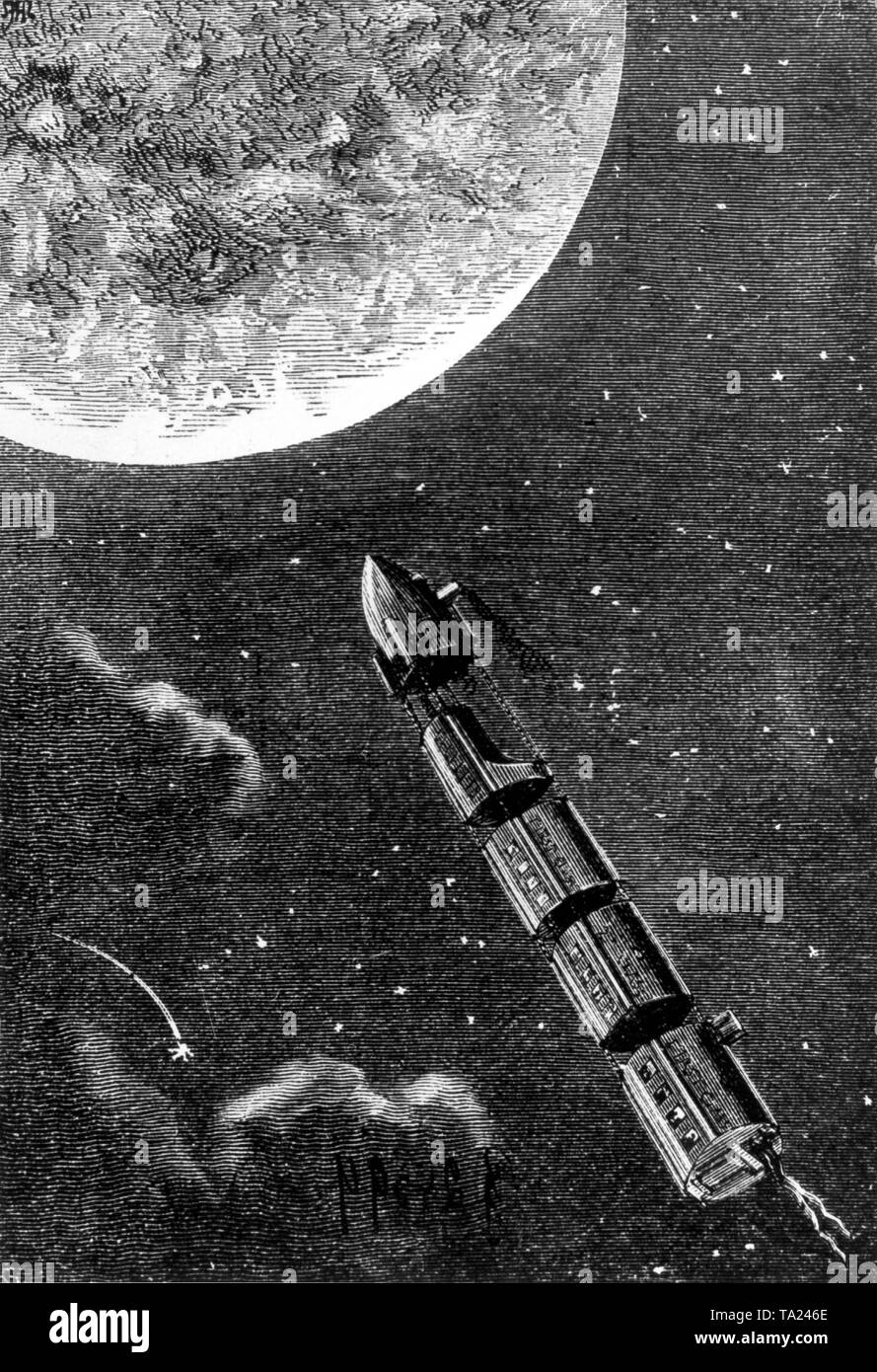 Illustration for Jules Vernes science fiction novel 'From the Earth to the Moon' Stock Photo