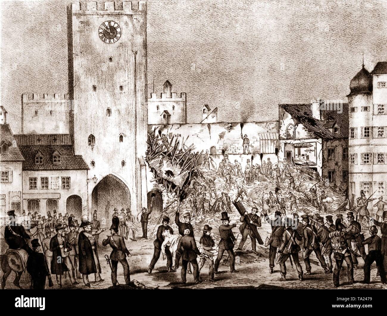The gunpowder explosion at Karlstor in Munich in 1857. Stock Photo