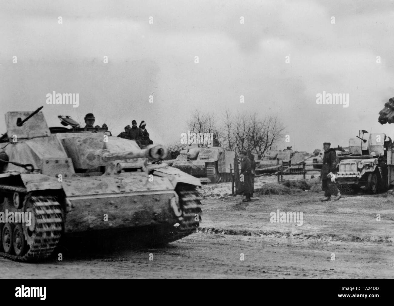 Several German assault guns (Sturmgeschuetz III) drive through the Ukrainian city of Shytomyr (Shitomir). Right at the roadside there is a Zugkraftwagen 1t (Sd .Kfz. 10/5) with a light antiaircraft gun 38 attached. Photo of the Propaganda Company (PK): war correspondent Paul. Stock Photo