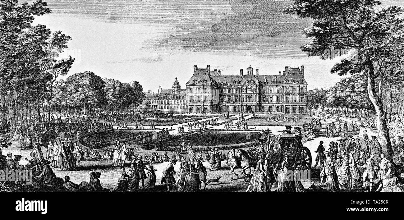 People in the Jardin du Luxembourg (Luxembourg Garden), behind the Palais du Luxembourg. Contemporary engraving. Stock Photo