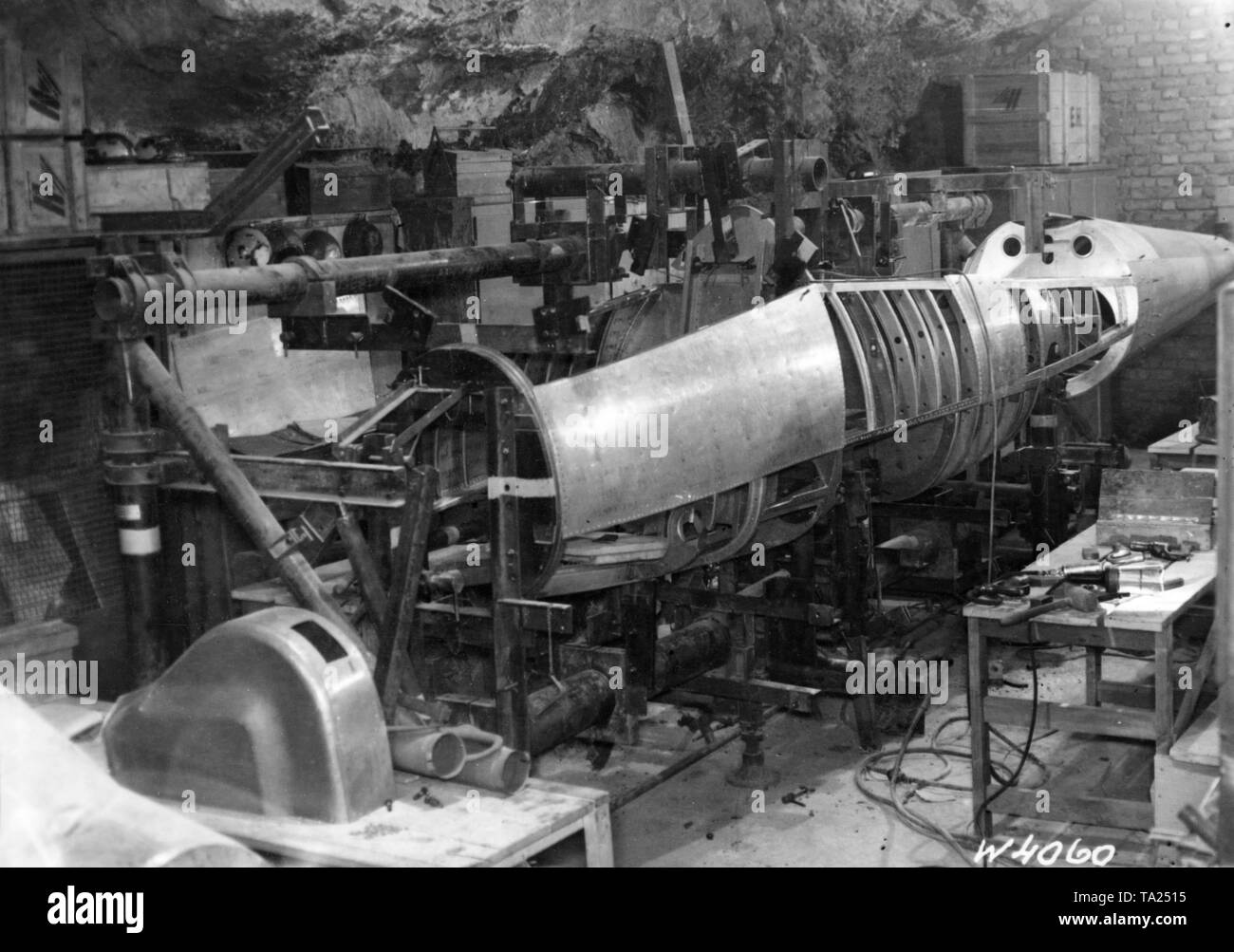 Production of the Heinkel He 162 in an underground production plant. Picture from a photo series, late 1944. Stock Photo
