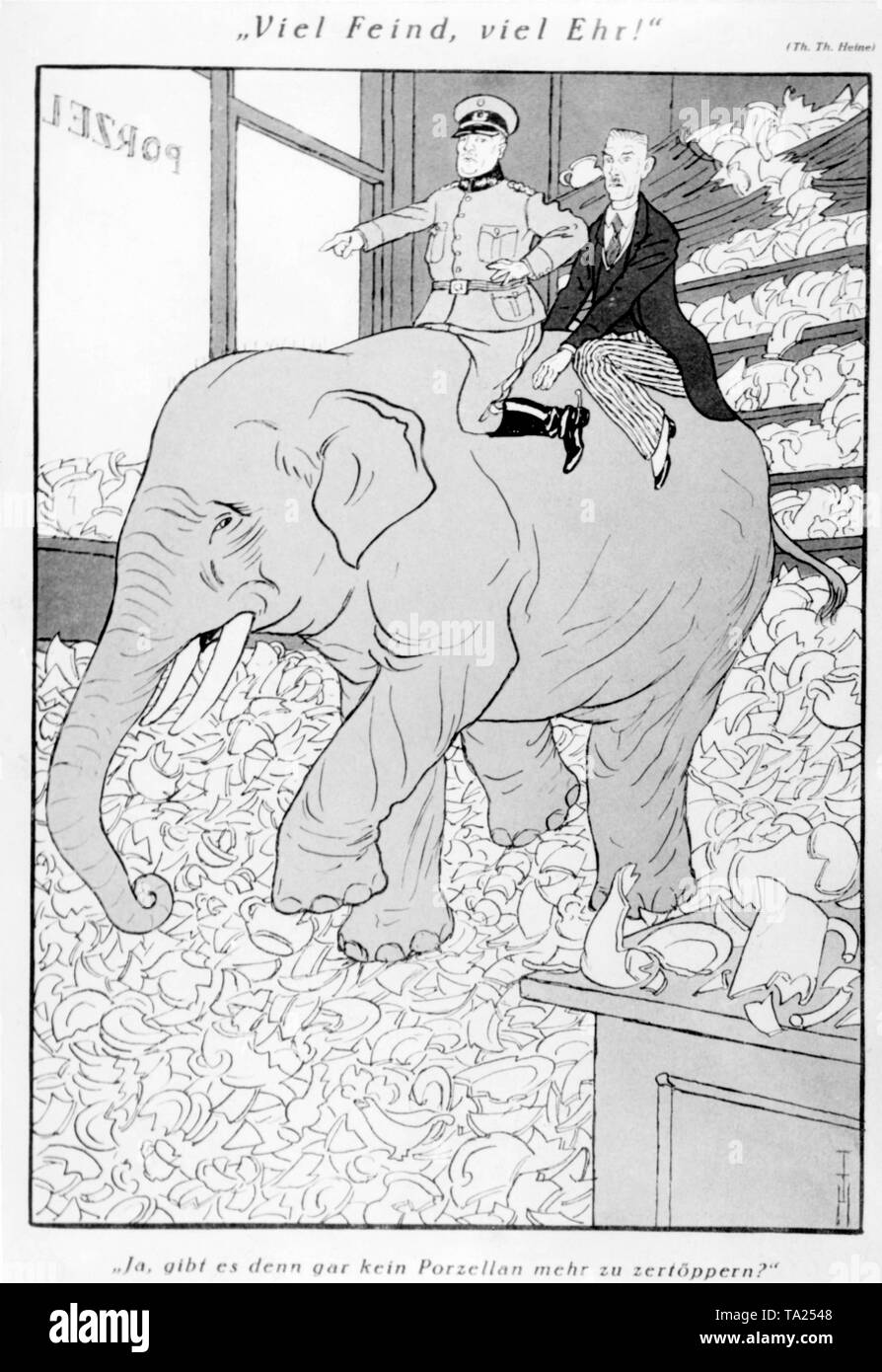 Kurt von Schleicher (in uniform) and Reich Chancellor Franz von Papen march through a porcelain shop with an elephant, saying: 'Yes, there is no more porcelain to crumble'. After unsuccessful negotiations with the National Socialists and the Centre Party, Reich Chancellor von Papen and general von Schleicher had to call off the next cabinet formation. Due to the intrigue of all concerned, the citizens lost more and more confidence in democracy. Stock Photo