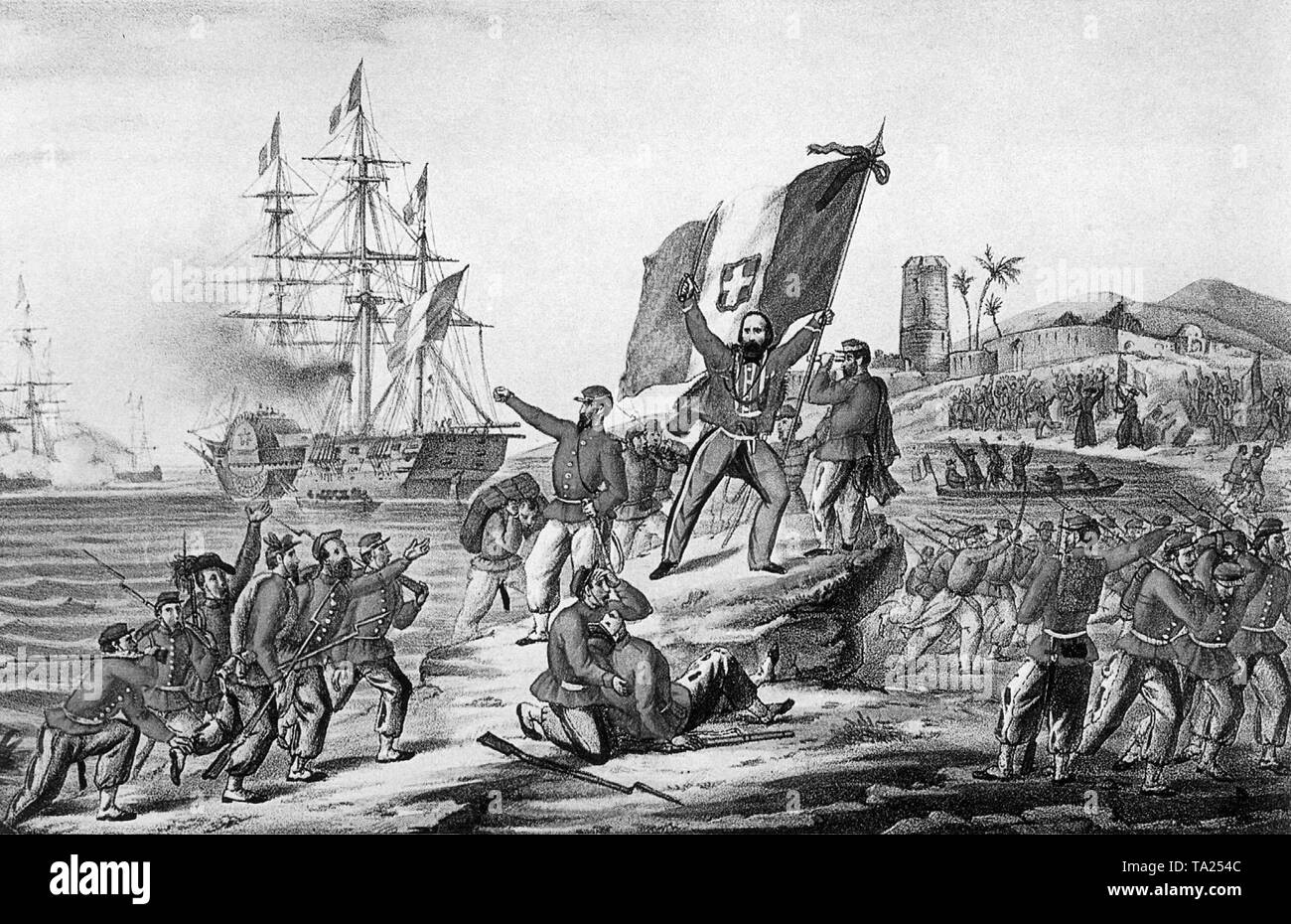 The Expedition of the Thousand (Italian Spedizione dei Mille) where corps of volunteers led by Giuseppe Garibaldi landed in Sicily in order to conquer the Kingdom of the Two Sicilies, ruled by the Bourbons. Illustration of Garibaldi after the landing in Marsala with the new Italian flag in his hand on May 11. 1860 Stock Photo
