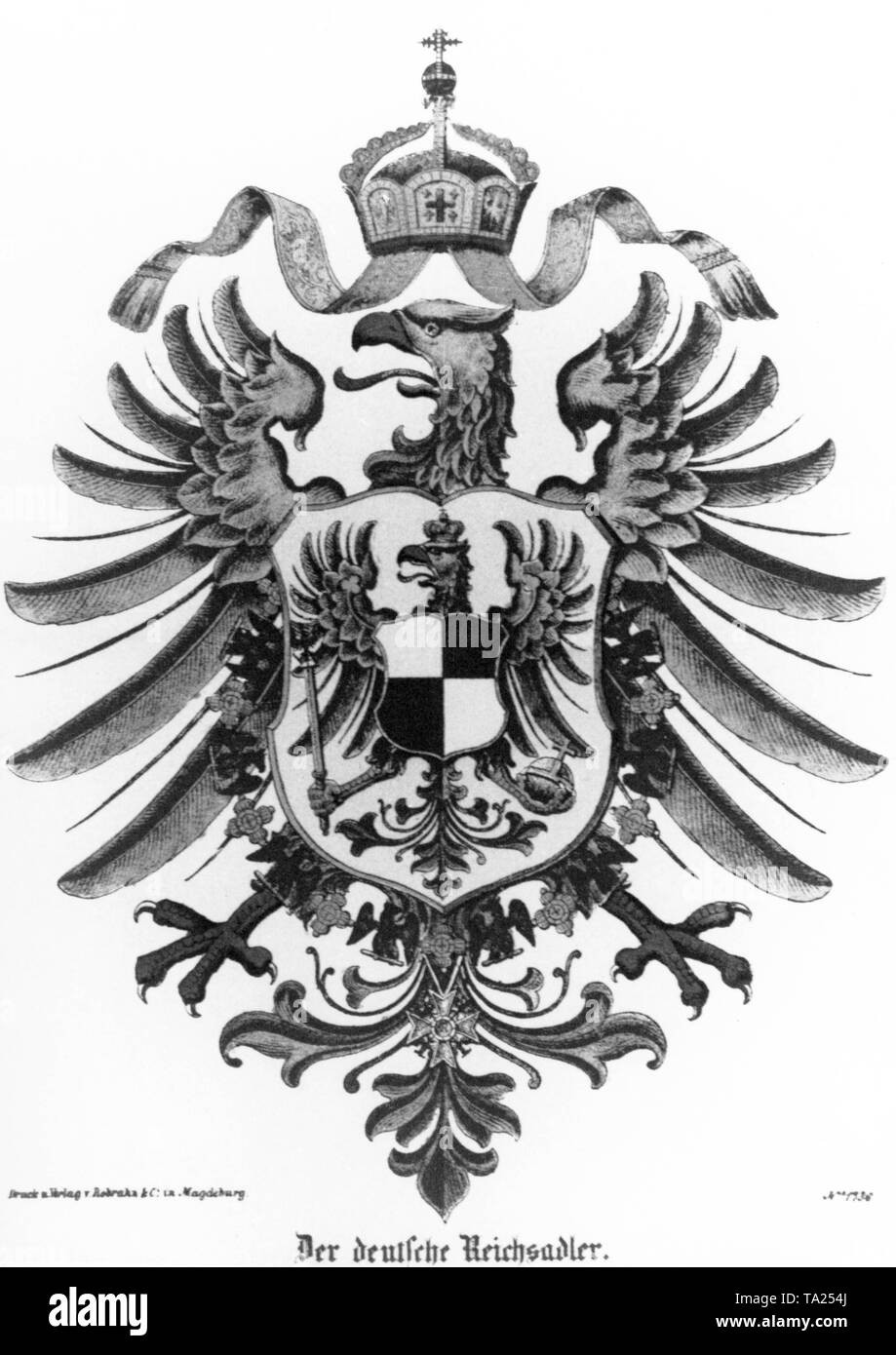 The German Reichsadler (Imperial Eagle). Its head is adorned with the imperial crown, and above it the imperial orb. On the shield is again a picture of the German Reichsadler, which holds the scepter and the imperial orb and is also crowned with the imperial crown. Stock Photo
