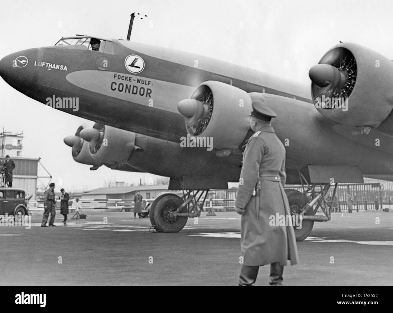 A four-engine Focke-Wulf FW 200 Condor of the Lufthansa before its takeoff. Stock Photo