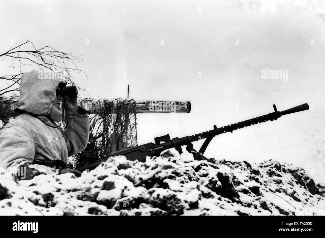 A German soldier in camouflage clothes and armed with a machine gun 34, observes the surroundings in the Newel combat area (today Belarus). Next to him, a gun barrel. Photo of the Propaganda Company (PK): war correspondent Kamp. Stock Photo