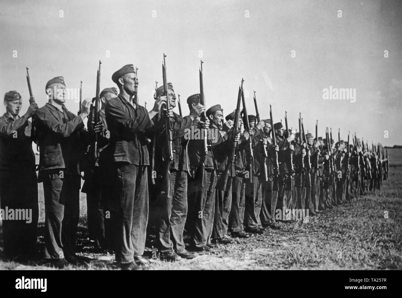 A protection command of the Todt Organization during a roll call on the Eastern Front in the Soviet Union. War reporter: Guthausen. Stock Photo