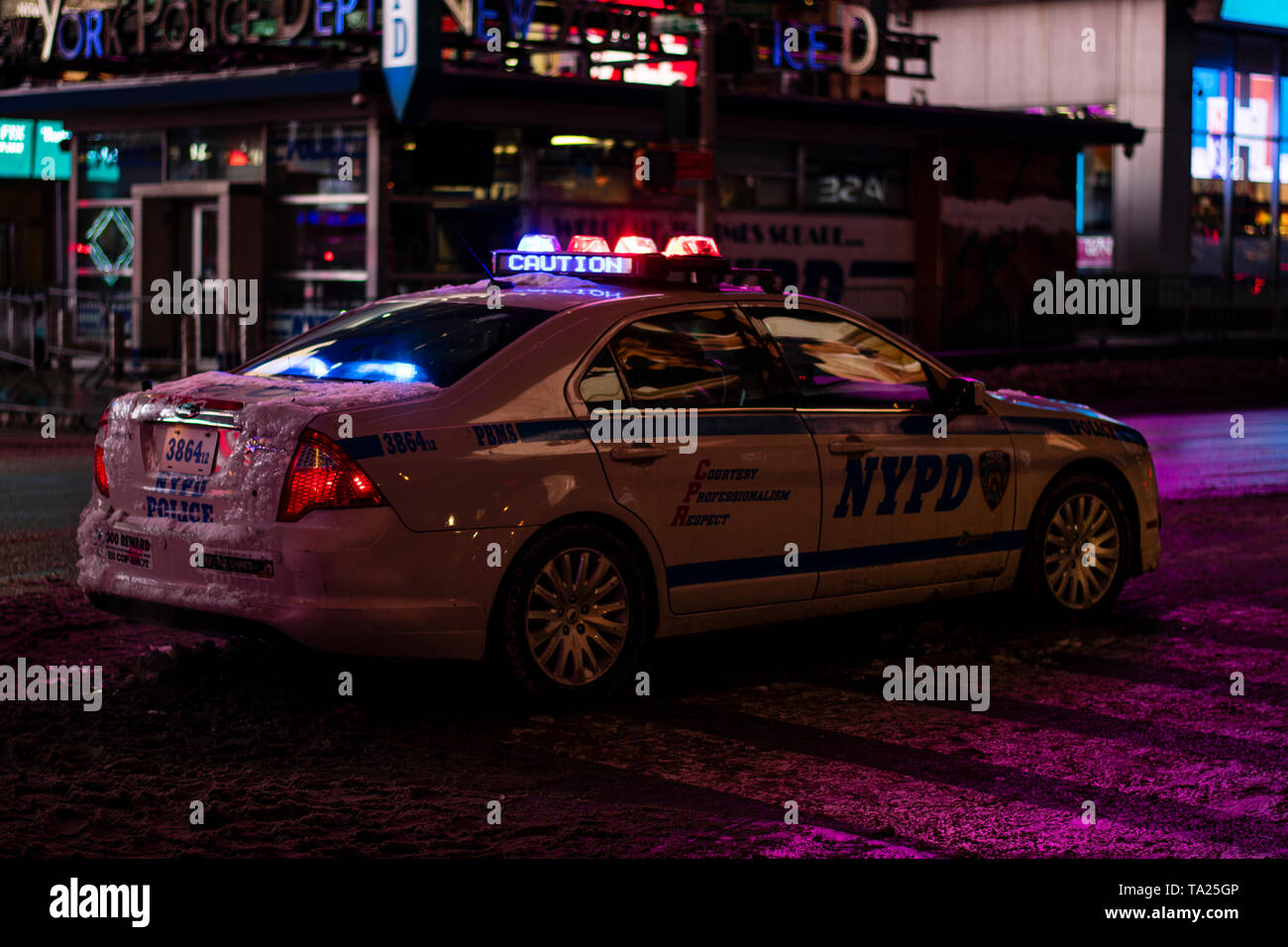 New York City, New York, USA. Day and night skylines from Brooklyn plus NYPD police car in Times Square. Stock Photo