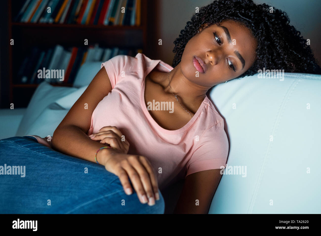 Portrait of troubled black girl with negative feelings Stock Photo