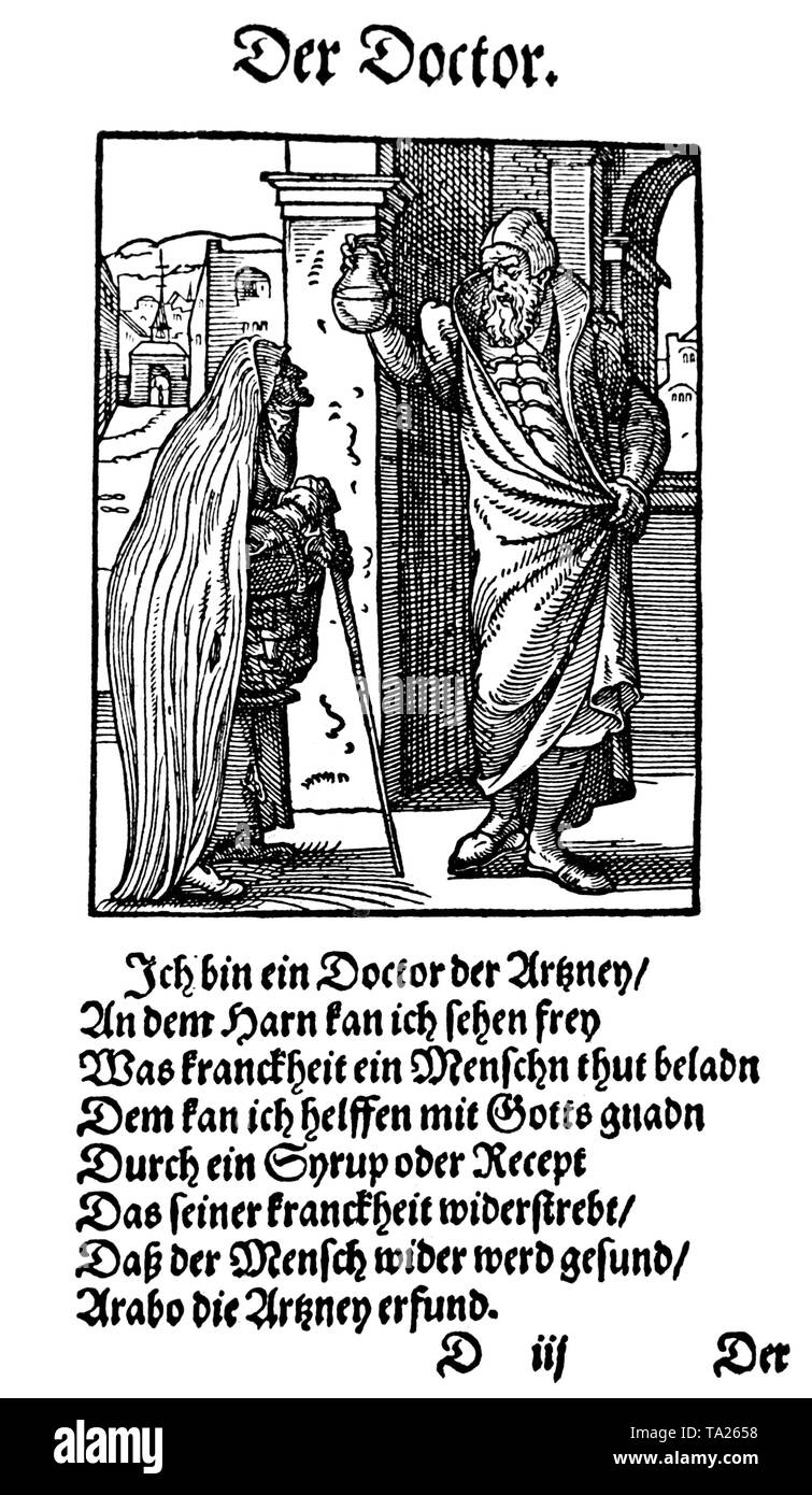The woodcut by Jost Amman shows a doctor with an old woman. The picture is from the book: 'Eyegentliche Beschreibung Aller Staende auff Erden' and was printed in Frankfurt am Main. The text is by Hans Sachs. Stock Photo