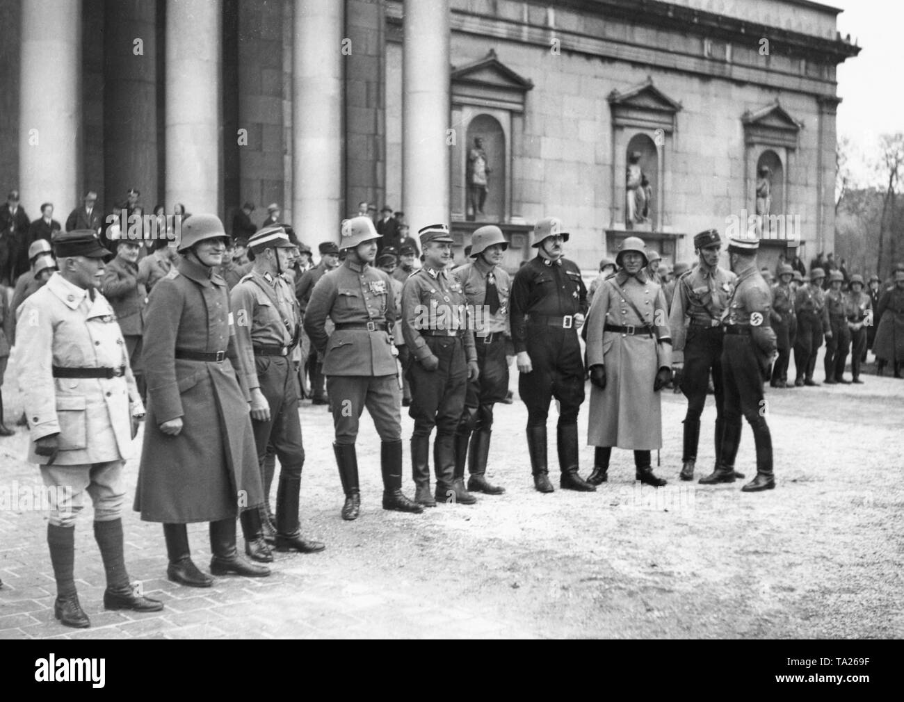 The leaders of the Freikorps, who were actively involved in the Beer Hall  Putsch (Hitler putsch) of 1923 gather on the Munich Koenigsplatz on the  10th anniversary of the coup. The flags
