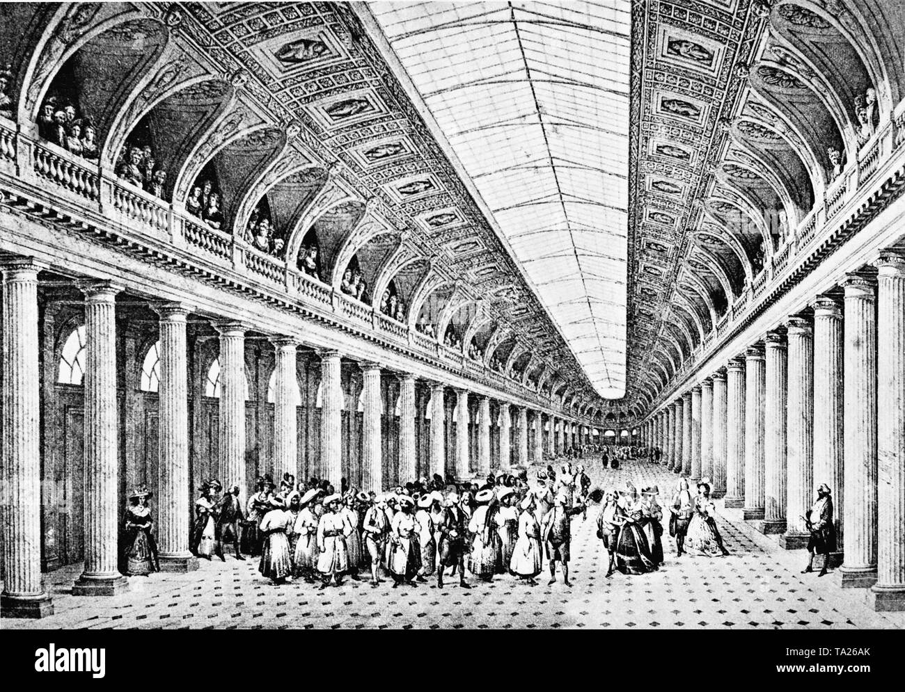 A hall in the Palais Royal in the Louvre in the 18th century. Contemporary engraving. Stock Photo