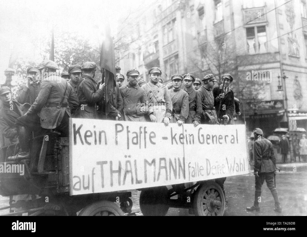 The KPD promoted its candidate, Ernst Thaelmann, for the office of the president of the Reich with the slogan 'No priests - no generals, vote for Thalmann'. The opponents were Wilhelm Marx for the Centre and former Field Marshal General, Paul von Hindenburg. Stock Photo