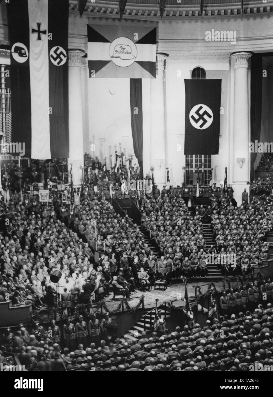 View of the Townhall of Hanover during the speech of Franz Seldte,  leader of the Stahlhelm, at a meeting of all Stahlhelm leaders. Stock Photo