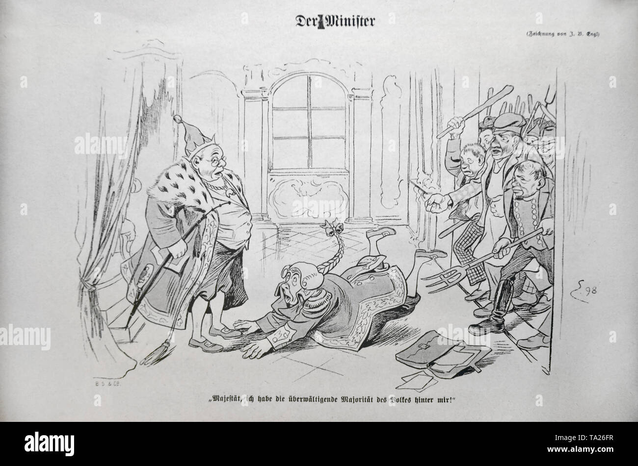 The drawing 'Der Minister'(The Minister) by Josef Benedikt Eng. Cartoon from the satirical magazine 'Simplicissimus', Volume 3, Issue no. 37, p. 294. A minister falls before the king. Village people chase him in the background. 'Your Majesty, I have the overwhelming majority of the village behind me!' Stock Photo