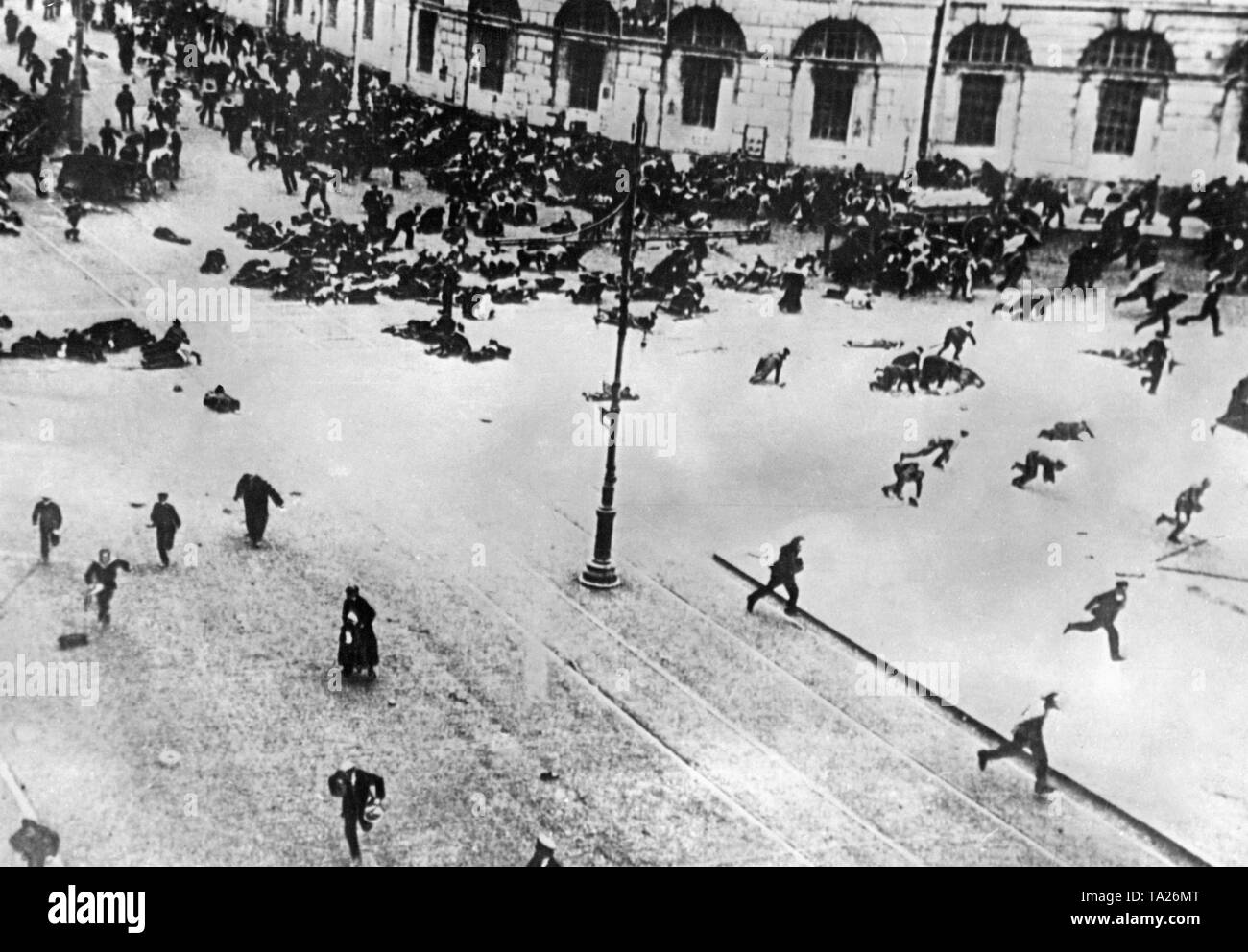 The demonstrations of the Bolsheviks against the provisional government of Kerensky resulted in shootings on the streets of St. Petersburg in July, 1917. Stock Photo