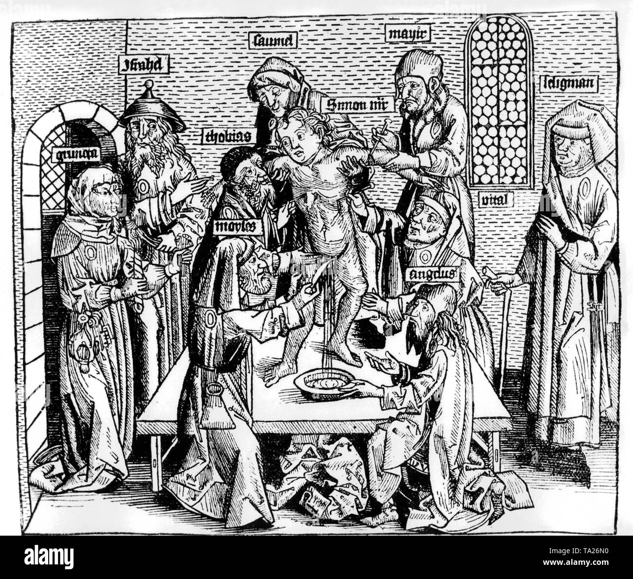 Anti-Semitic illustration of the ritual murder of a boy by Jews of Trento from the 15th century. Woodcut by Wohlgemuth from the Chronicle of the World by Schedel, Nuremberg, Koberger, 1493. Stock Photo