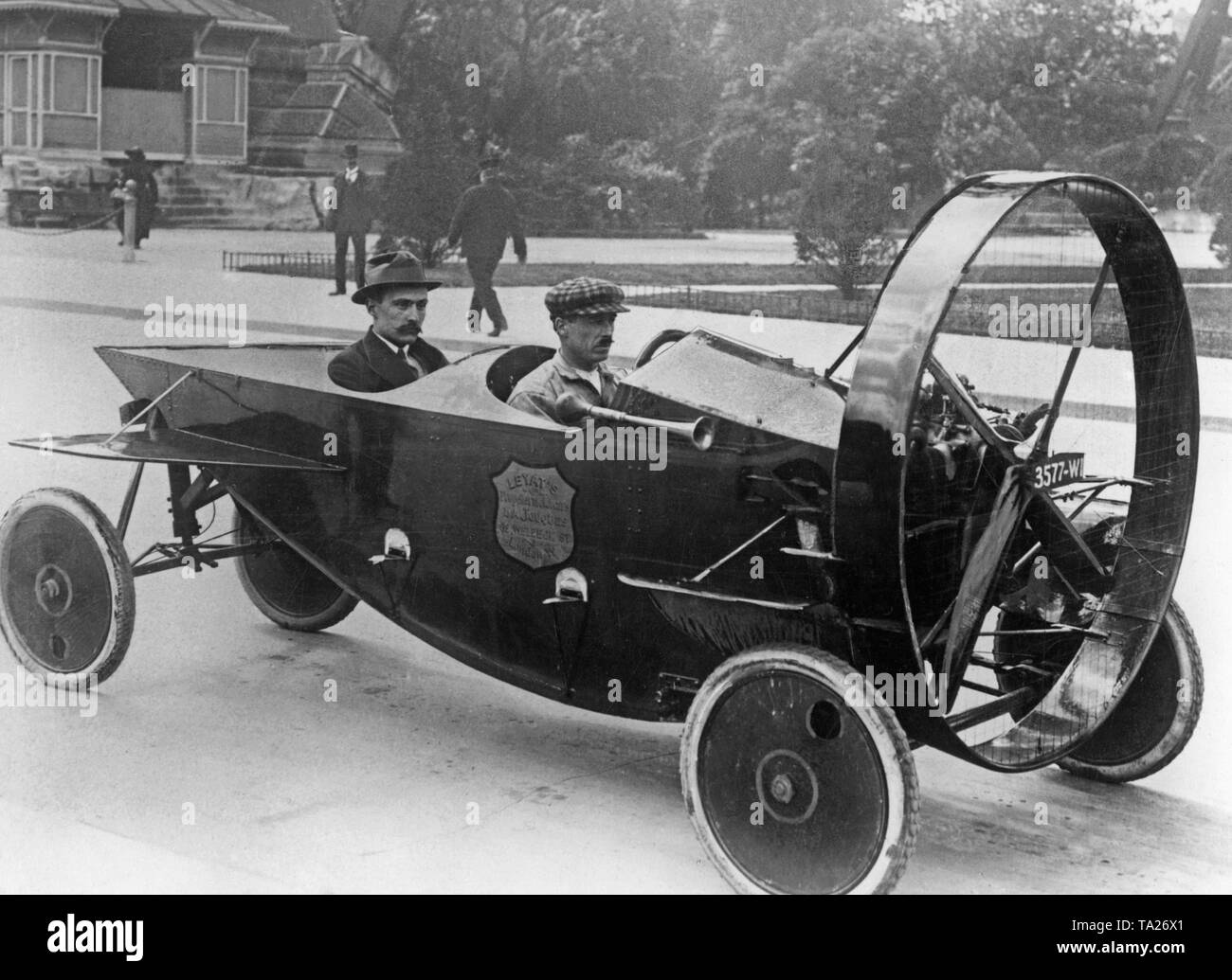 A propeller-driven car of the French brand Helica from the year 1920. An air-cooled two-cylinder engine operated a four-blade propeller at the front of the car. Designer of the propeller car was the French Marcel Leyat. Stock Photo
