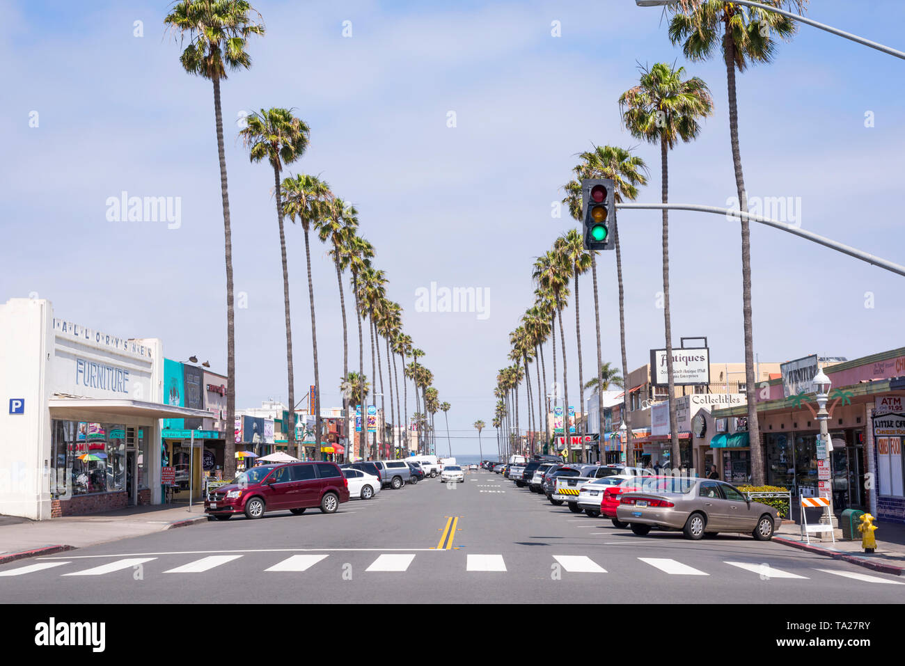 View looking down Newport Avenue in Ocean Beach on a April morning. San Diego, California, USA. Stock Photo
