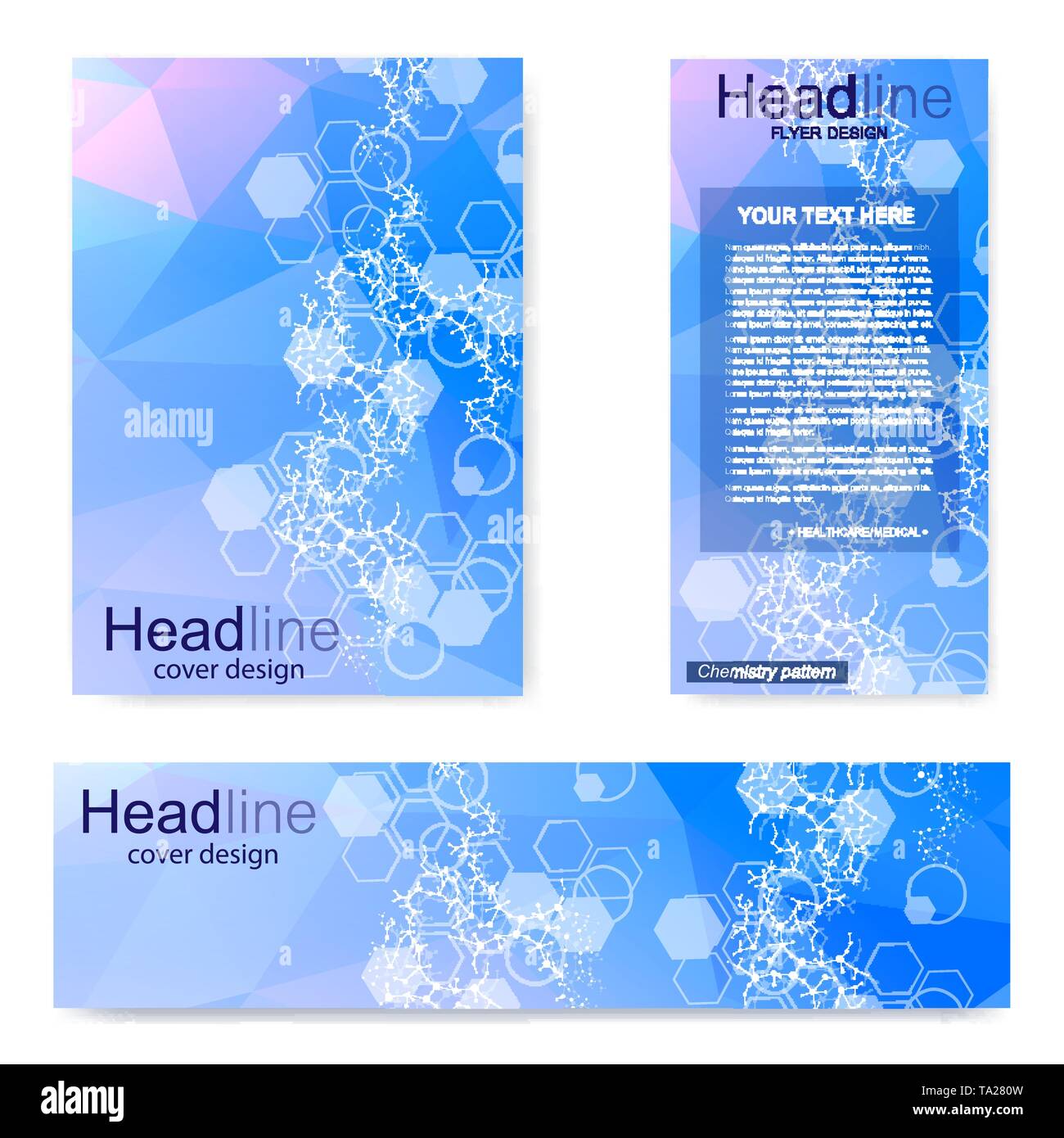 Set flyer, brochure size A4 template,banner. Molecular structure with connected lines and dots. Scientific pattern atom DNA with elements for magazine Stock Vector